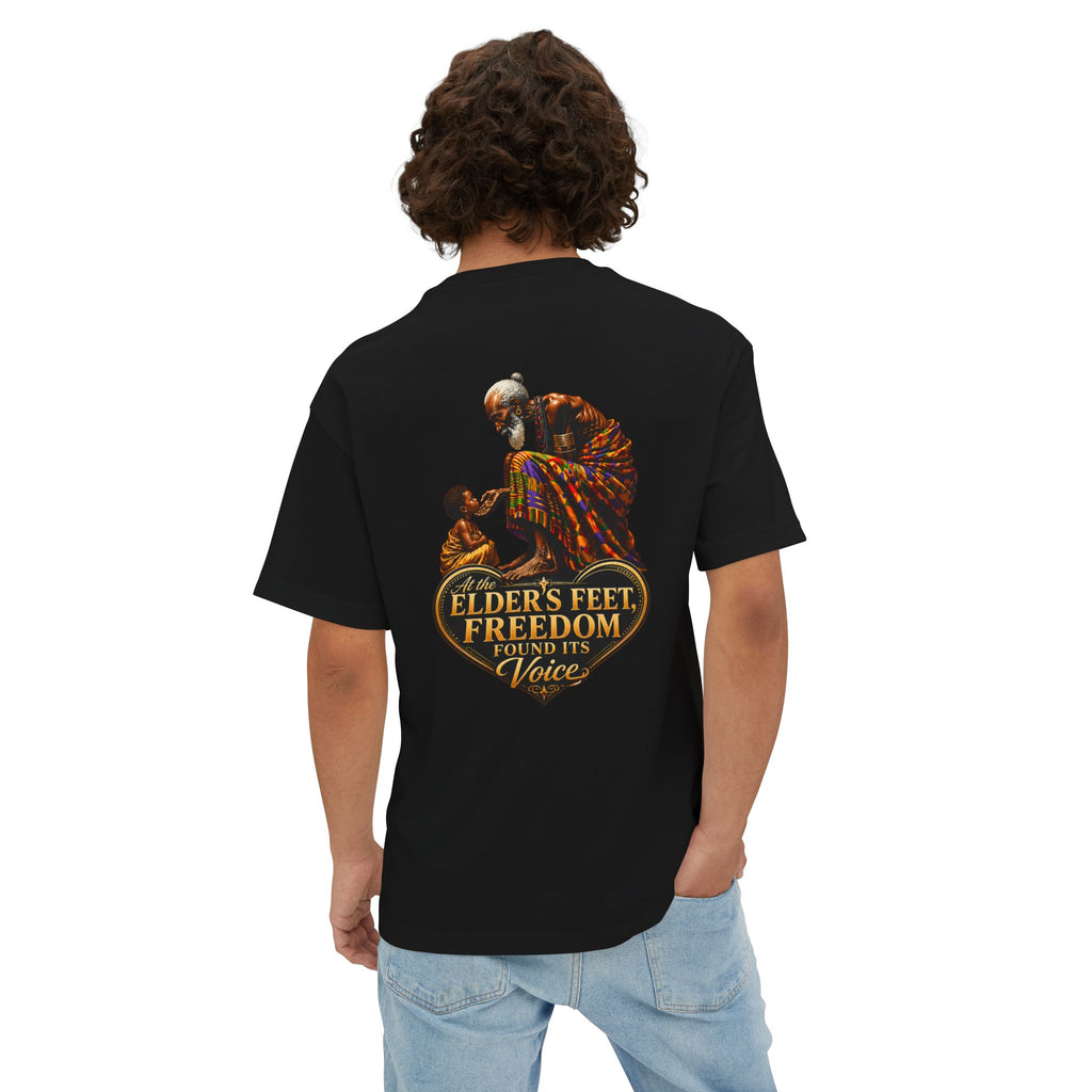 TimeWarp Drip – Black Premium Urban Fashiontee, bold multicolor back graphic, “At the Elder’s Feet, Freedom Found Its Voice” statement art. | premium streetwear