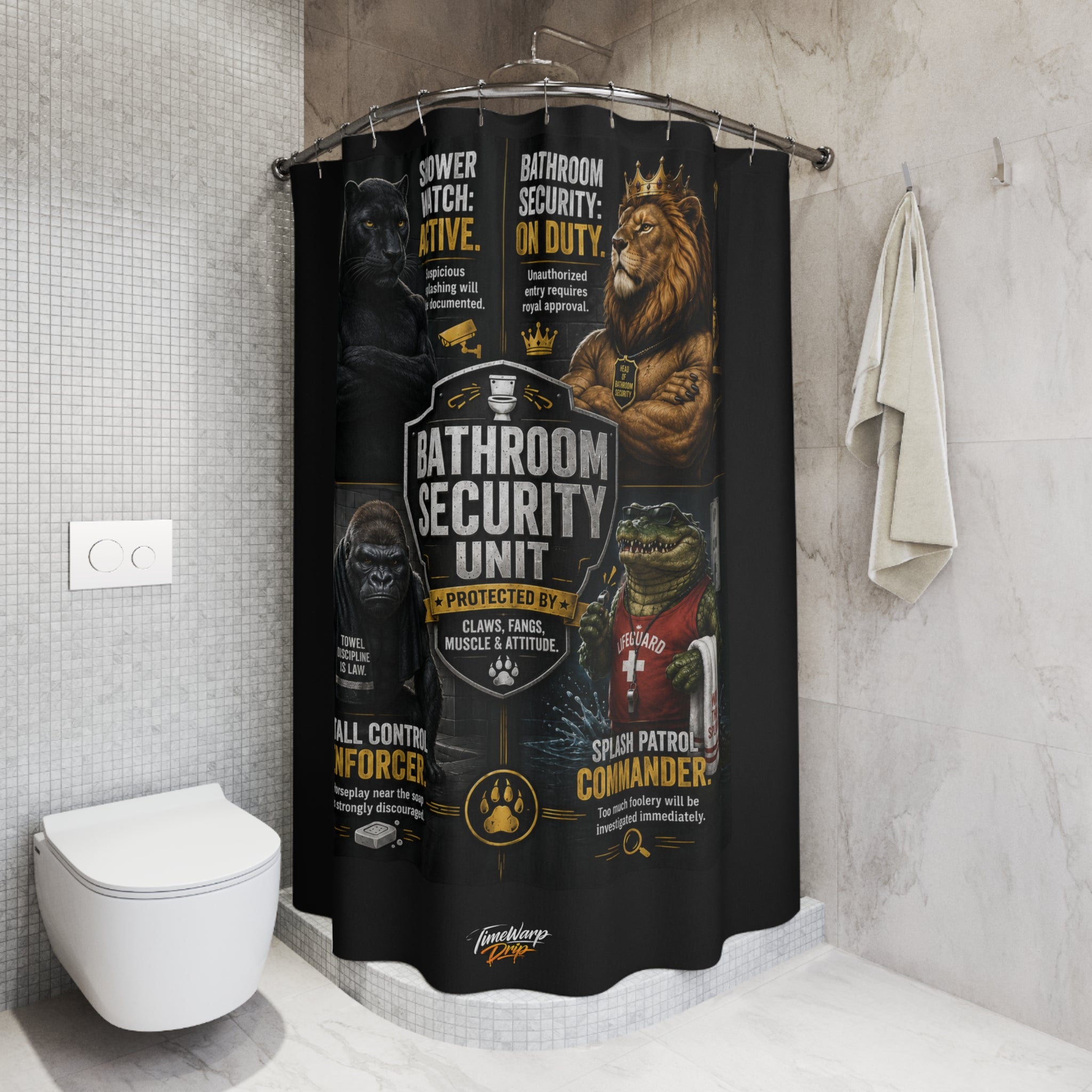 TimeWarp Drip Printify Bathroom Security Unit Shower Curtain—black and white, hip street-style with bold animal guardians bringing bathroom swagger. streetwear apparel