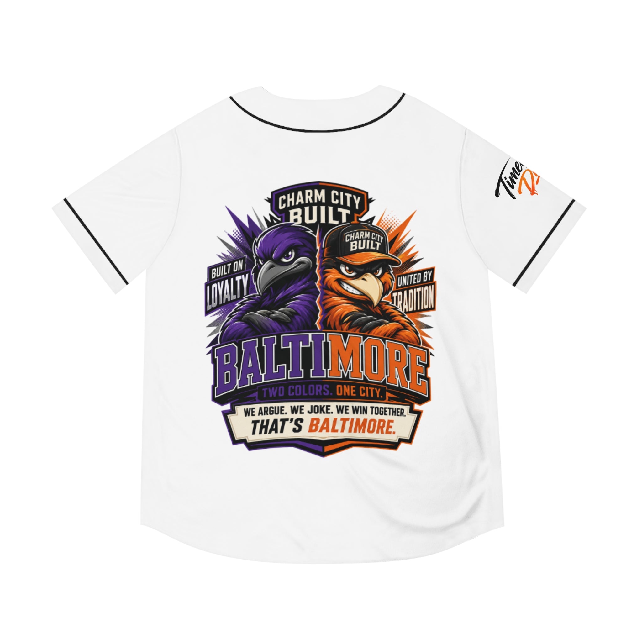 TimeWarp Drip Baltimore Charm City Built black baseball jersey—cartoon birds, pride slogan, and moisture-wicking drip. streetwear heat!. 