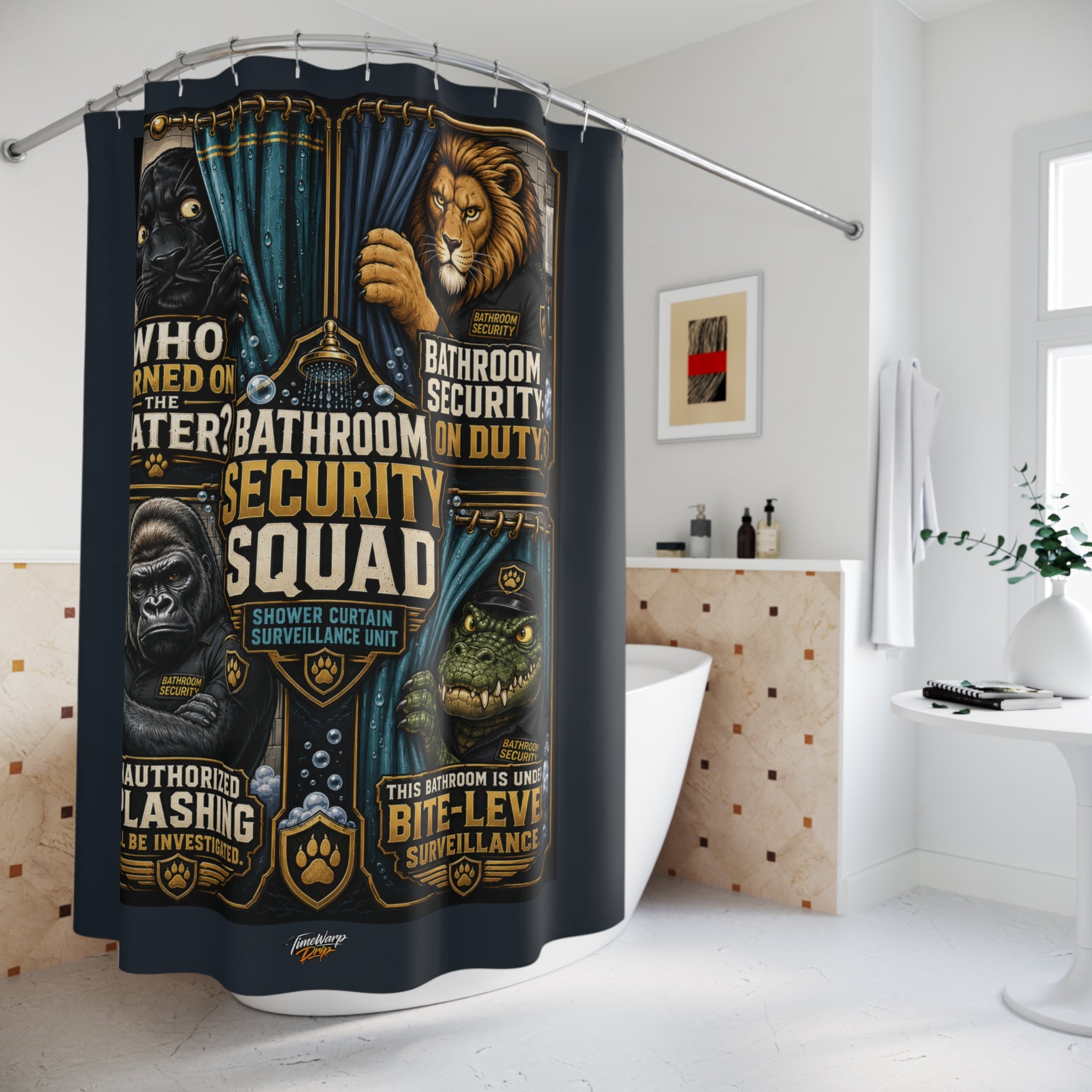 TimeWarp Drip Level up your space! Black & white Bathroom Security Unit Shower Curtain—streetwise animal guardians, swag vibes only by TimeWarp Drip. streetwear apparel