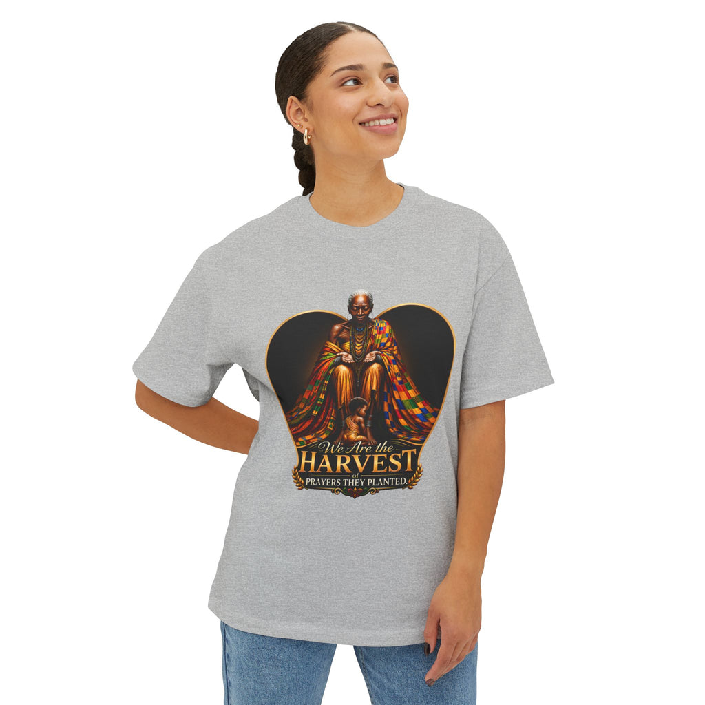 TimeWarp Drip – Oversized white boxy tee with regal Generational Blessing art, rocked confidently by woman, exuding bold city street energy. | premium streetwear