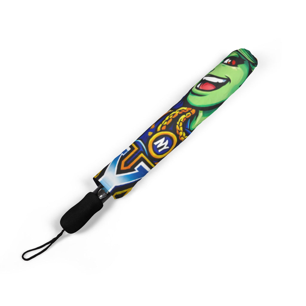 Orange NYC Night Out foldable rain umbrella with colorful design, semi-automatic operation, by TimeWarp Drip.