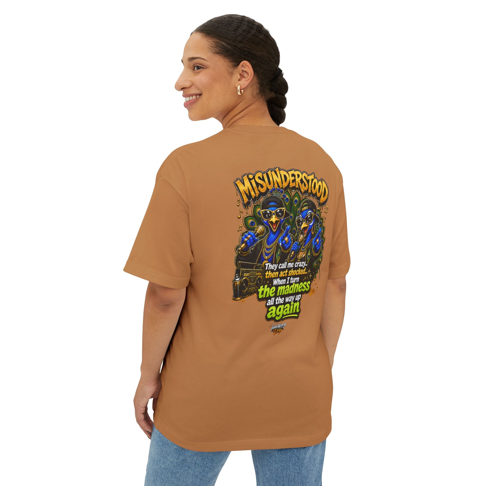 TimeWarp Drip – Oversized white boxy tee with bold “They Call Me Crazy I Call It Genius” text, dual peacock street art; urban Premium Urban Fashionedge. | premium streetwear