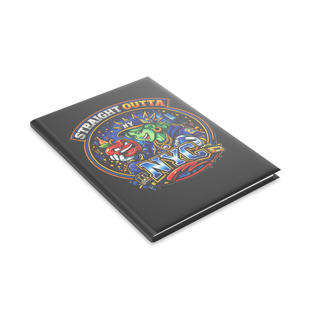 Black hardcover notebook featuring a New York City Statue of Liberty graphic and "Straight Outta NYC" text, ideal for paper journaling.