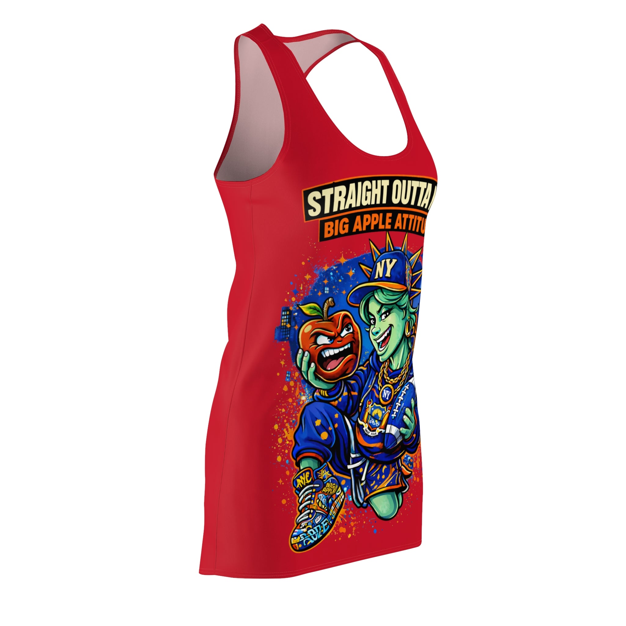 Red Racerback dress with "Straight Outta NYC" Big Apple Attitude all-over print, stylish and vibrant for casual wear.