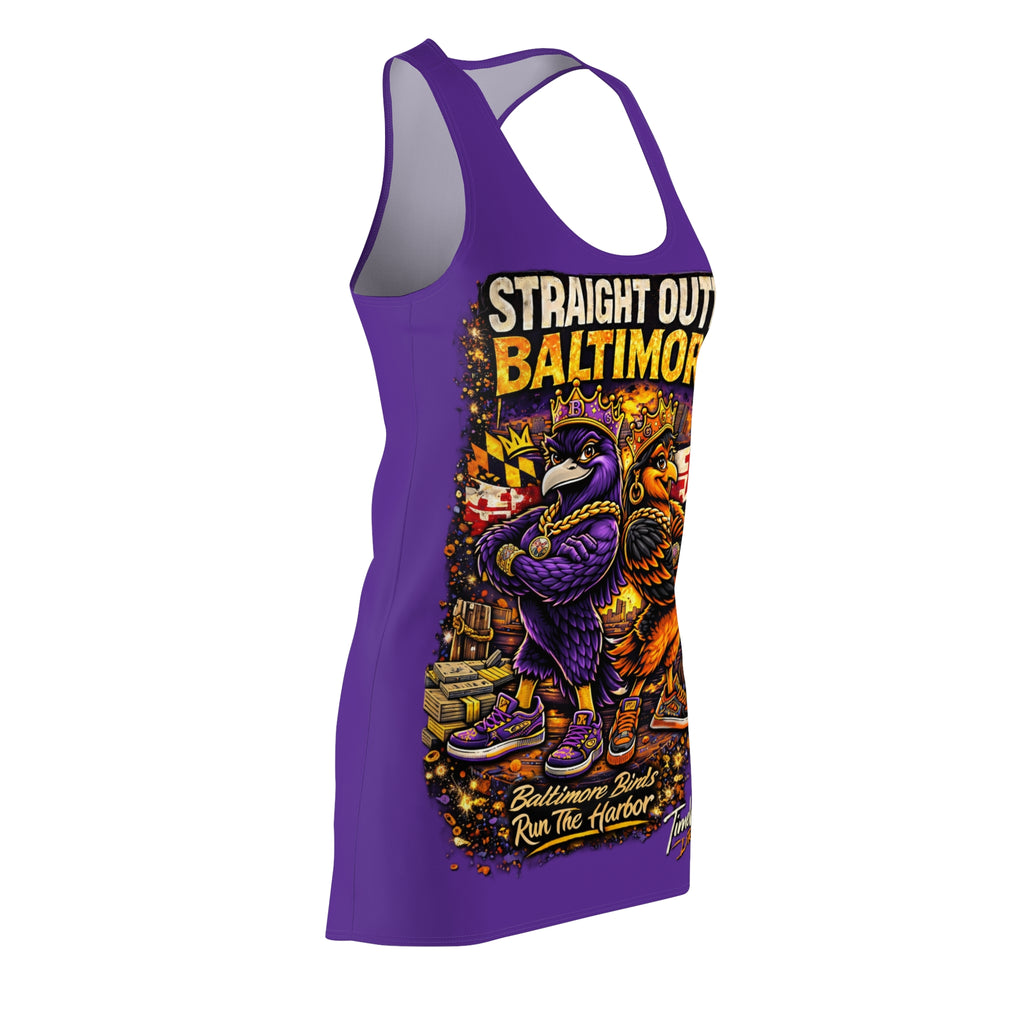 The TimeWarp Drip Purple Racerback Dress—“Straight Outta Baltimore”—features two cartoon ravens in streetwear, city elements, and “Baltimore Birds Run the Harbor!” for bold Charm City Attitude.
