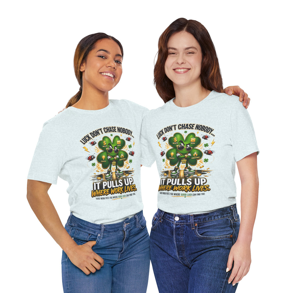 TimeWarp Drip Two women flex in bold black Printify streetwear tees with neon green "Luck Don't Chase Nobody" and 4-leaf clover graphics. streetwear apparel