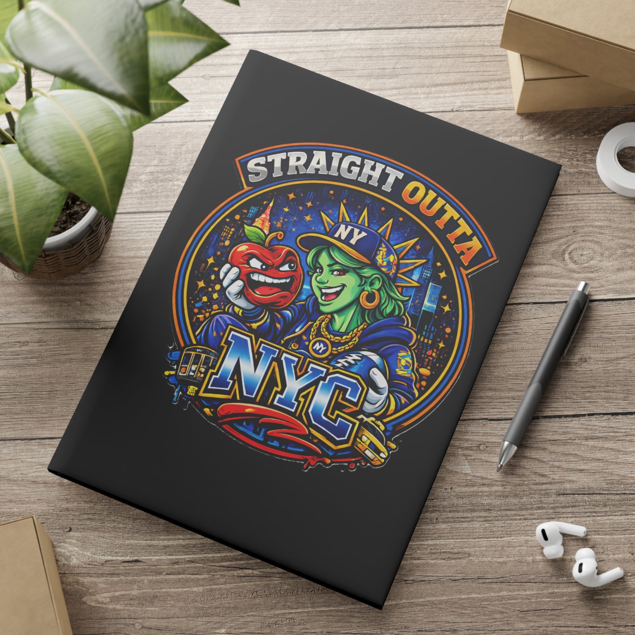 Black hardcover notebook featuring a "Straight Outta NYC" puffy design with Statue of Liberty graphic, ideal for writing and journaling.