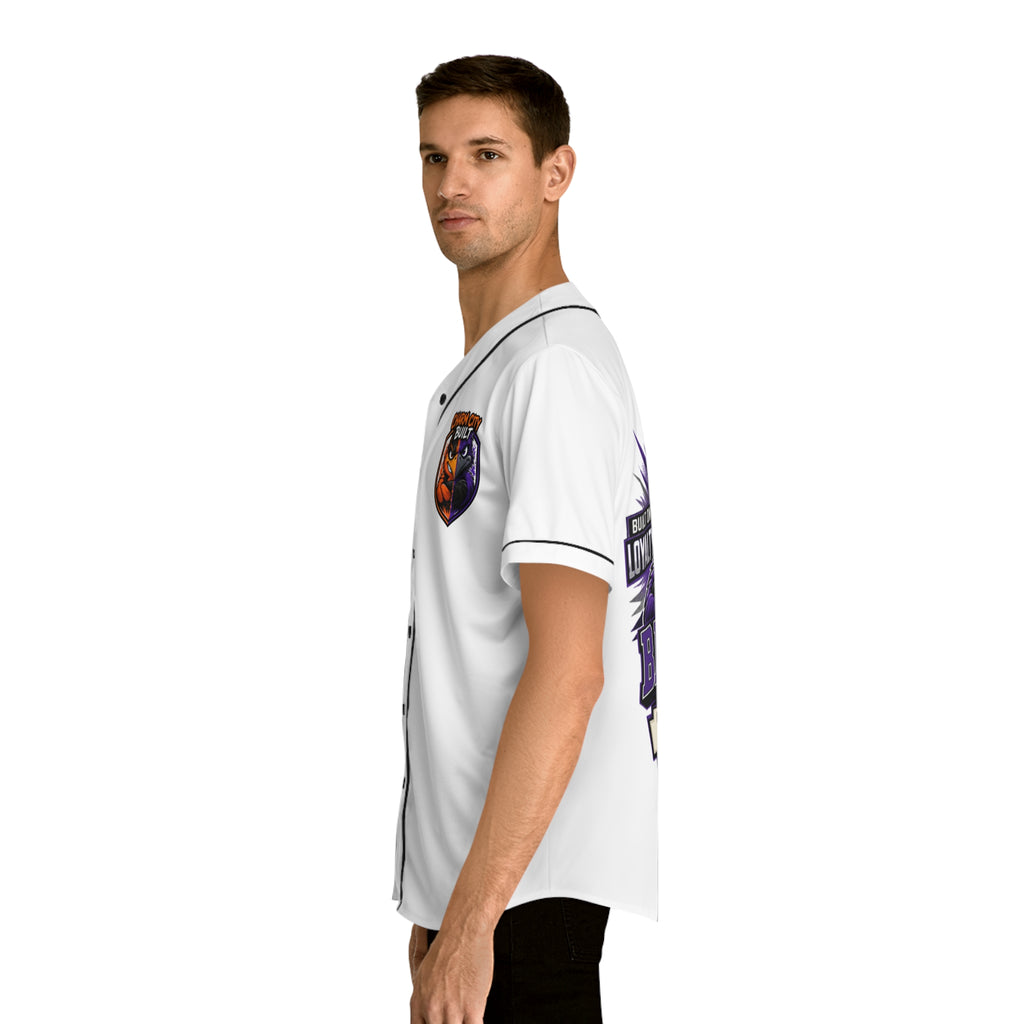 TimeWarp Drip Bold vibes: Man rocking a white Charm City Built baseball jersey with vibrant animal drip, flexing streetwear swagger. 