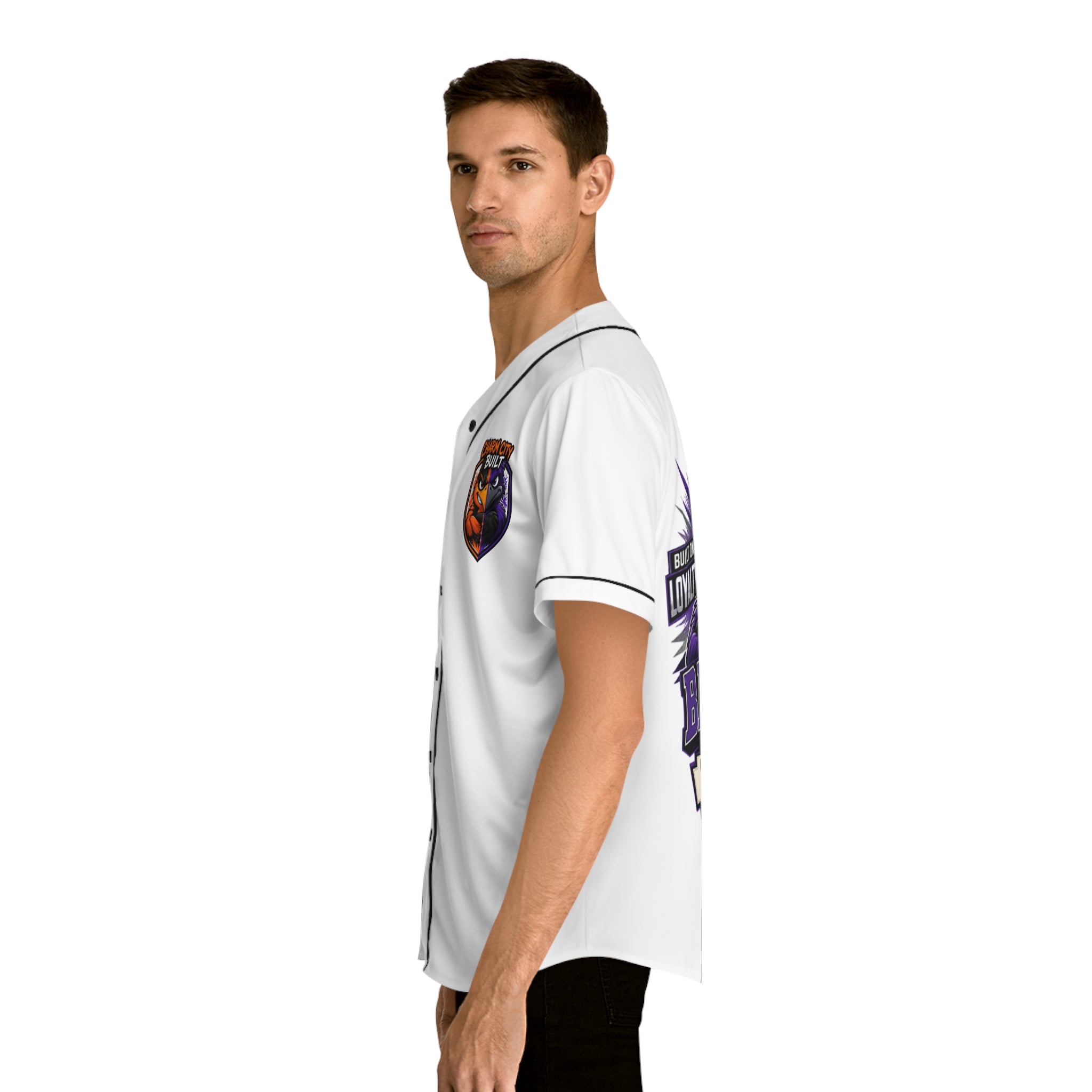 TimeWarp Drip Bold vibes: Man rocking a white Charm City Built baseball jersey with vibrant animal drip, flexing streetwear swagger. 