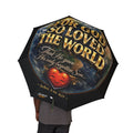 TimeWarp Drip Streetwise drip: Man rocking a bold Printify John 3:16 foldable umbrella, black with a grinning heart and Earth vibe. streetwear apparel