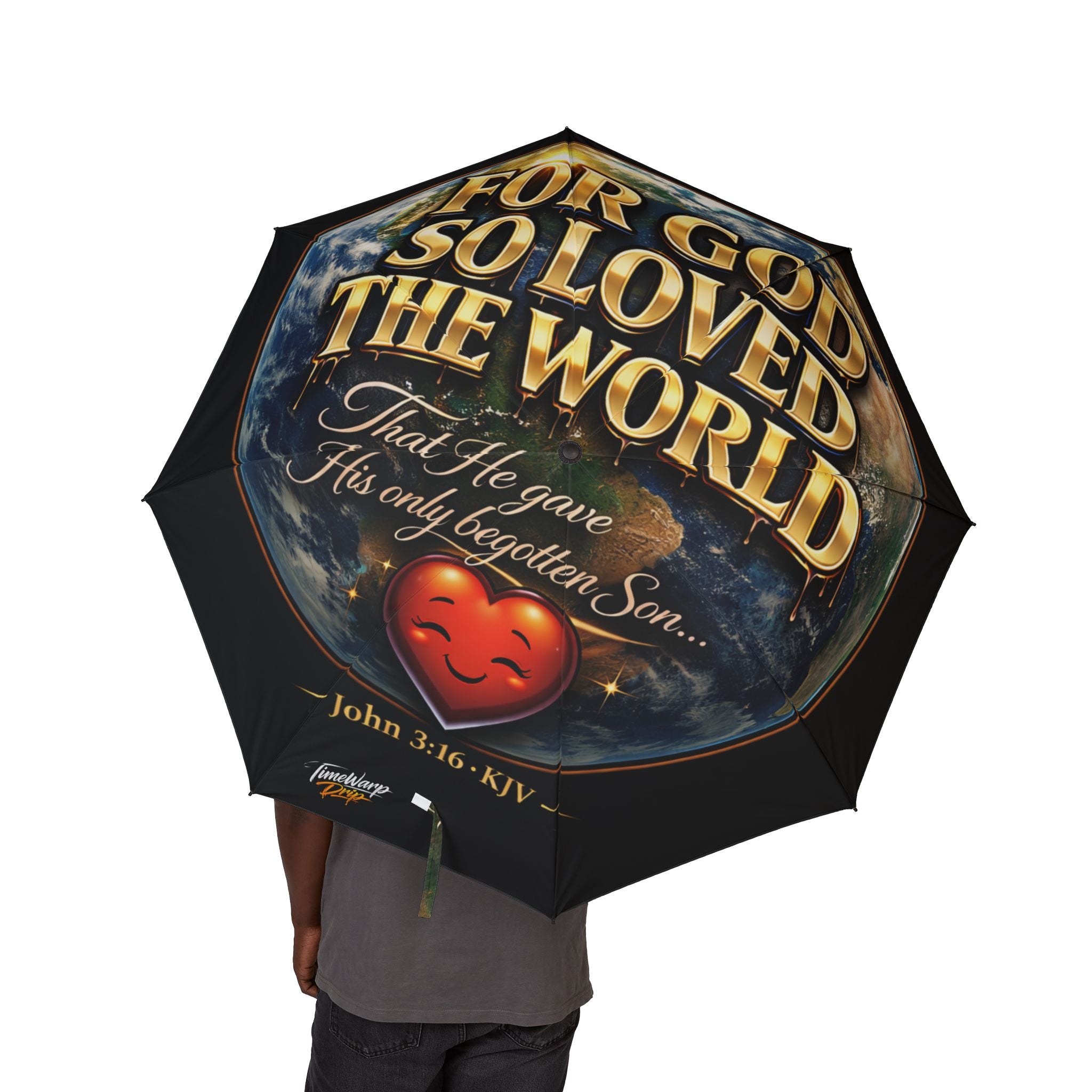 TimeWarp Drip Streetwise drip: Man rocking a bold Printify John 3:16 foldable umbrella, black with a grinning heart and Earth vibe. streetwear apparel