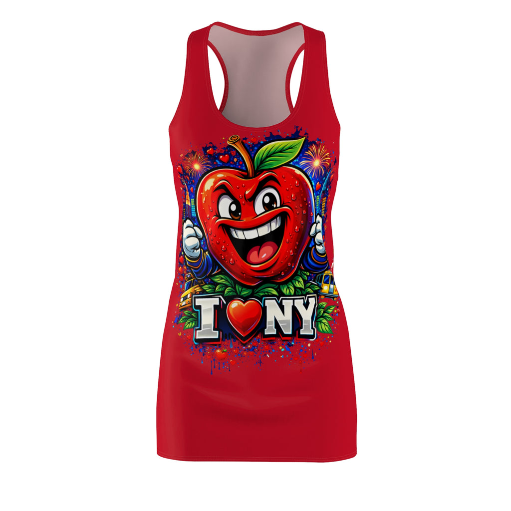 Red Racerback Dress with "Big Apple Attitude" print, featuring vibrant all-over NYC-themed design by TimeWarp Drip.