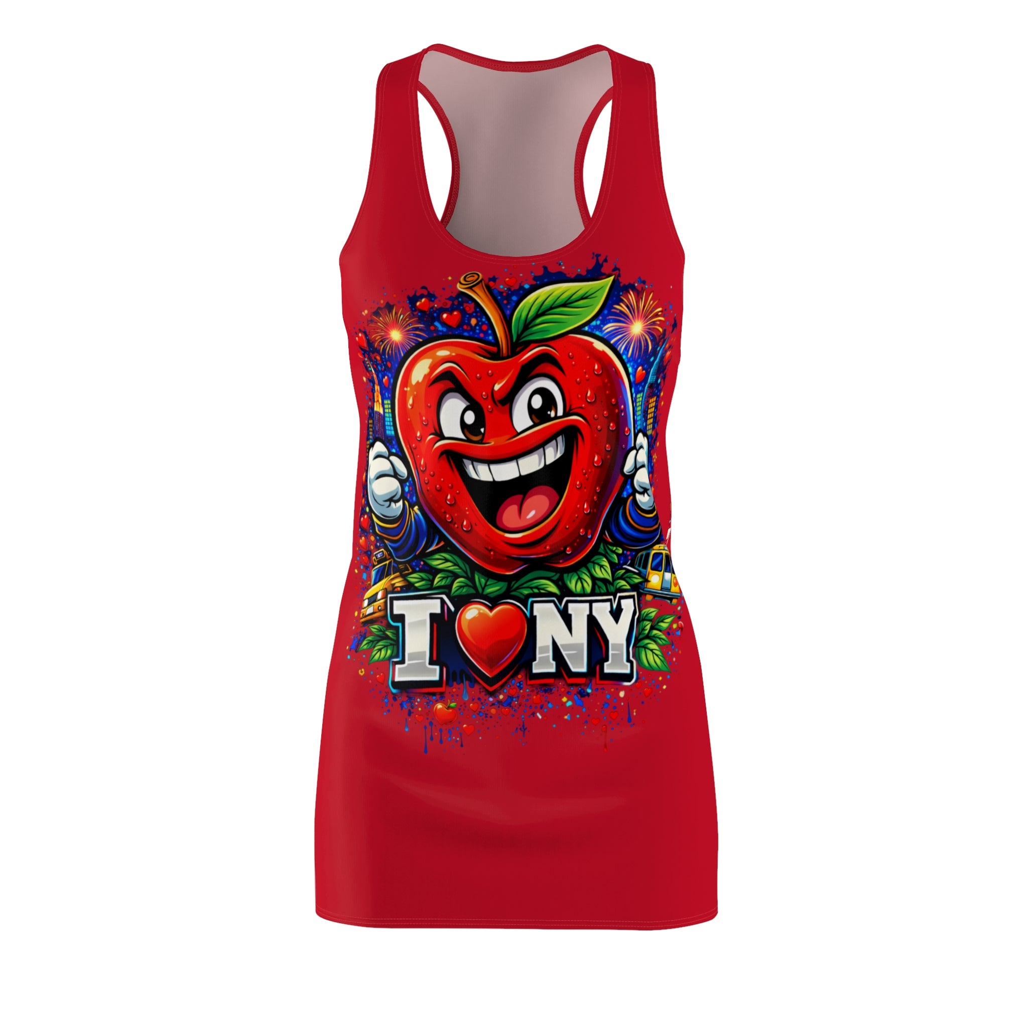 Red Racerback Dress with "Big Apple Attitude" print, featuring vibrant all-over NYC-themed design by TimeWarp Drip.