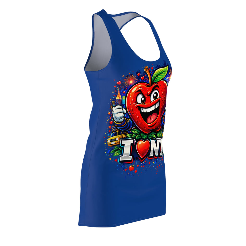 Blue racerback dress with all-over New York City print, featuring "Big Apple Attitude" design by TimeWarp Drip.