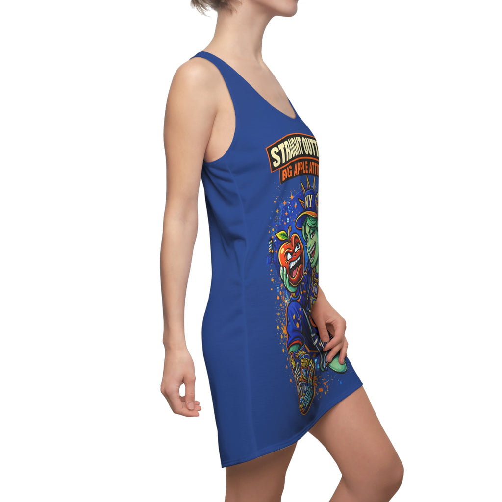 Blue racerback dress with all-over NYC "Big Apple Attitude" print, designed by TimeWarp Drip, featuring vibrant cityscape artwork.