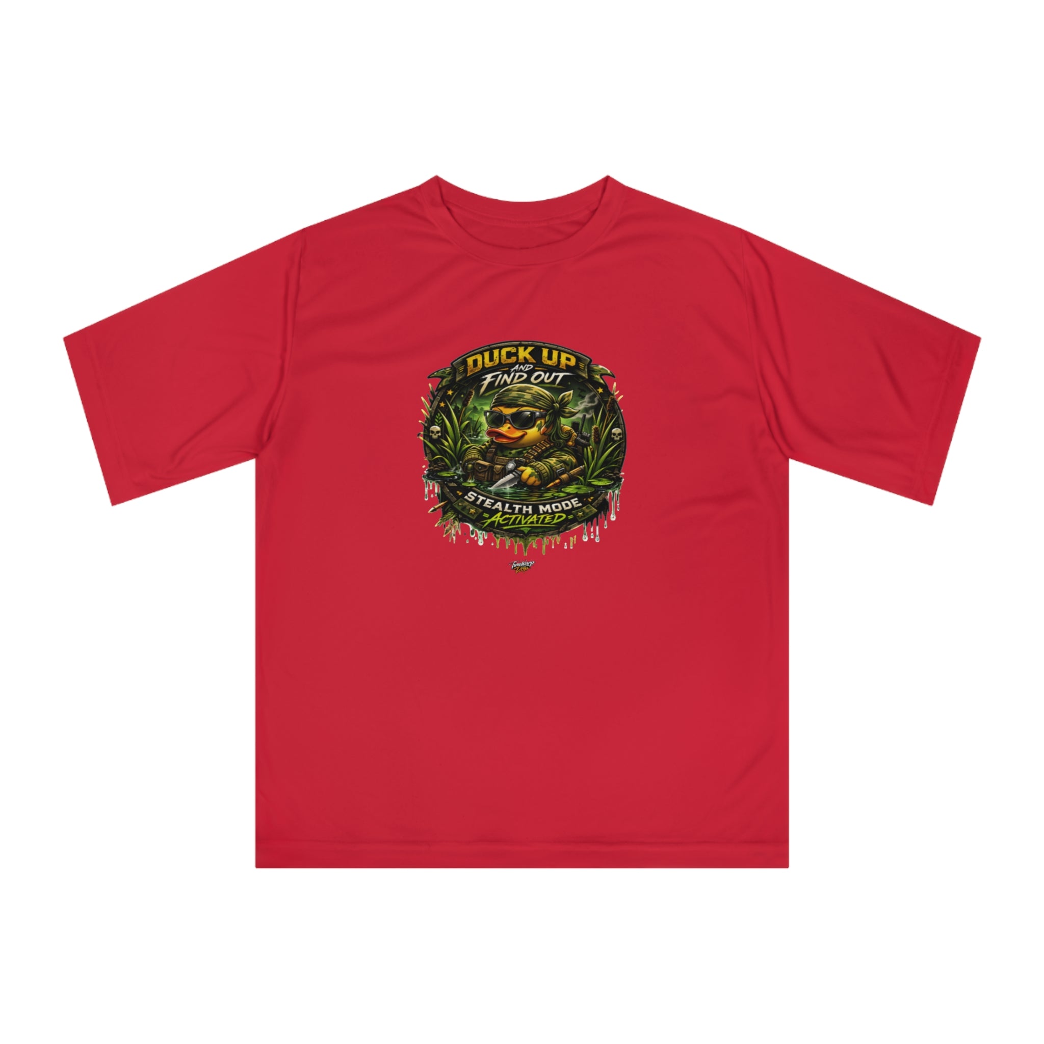 TimeWarp Drip Duck Up Find Out women’s camo tee—cartoon duck, fierce Premium Urban Fashiondrip in green. XS-2XL. Stand out, hunt bold!. Premium Urban Fashionapparel