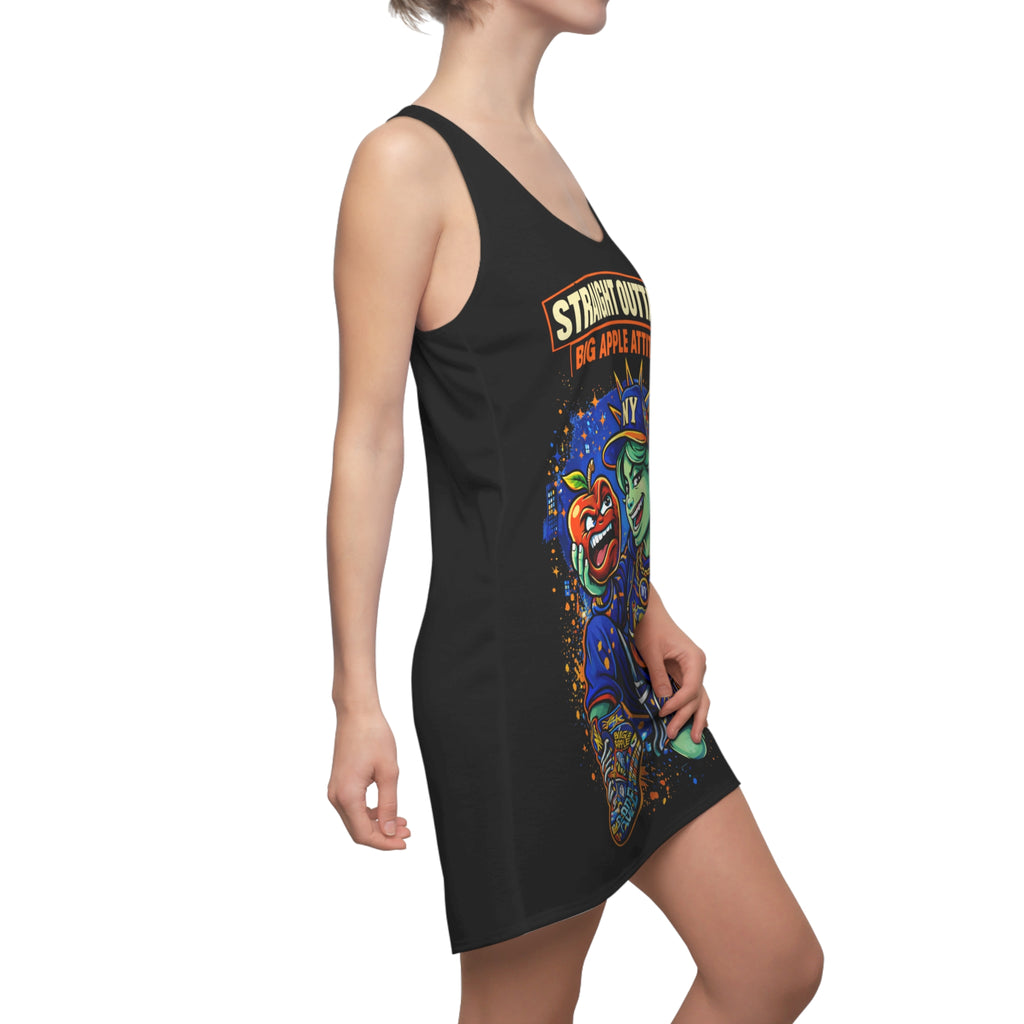 Black racerback dress with "Straight Outta NYC Big Apple Attitude" all-over print by TimeWarp Drip, shown on a hanger.