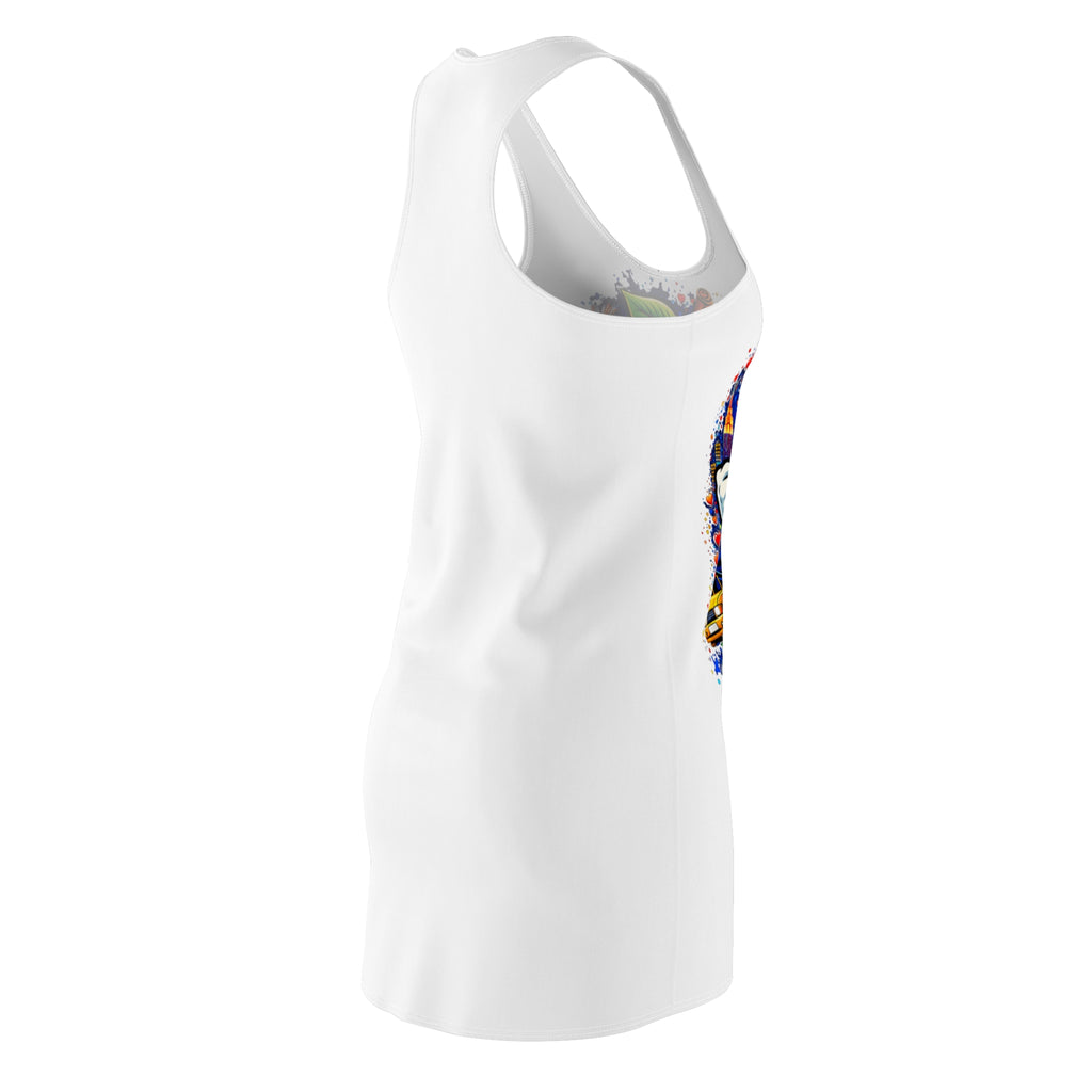 White racerback dress with all-over "Big Apple Attitude" print featuring New York City skyline and I LOVE NY logo by TimeWarp Drip.
