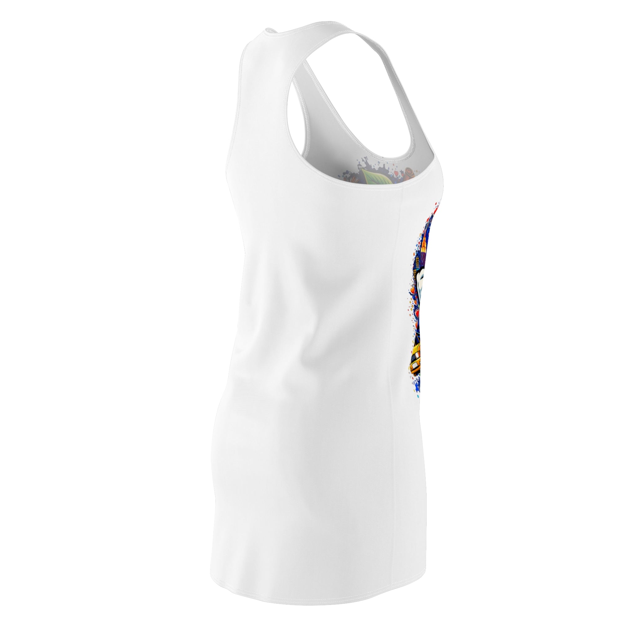 White racerback dress with all-over "Big Apple Attitude" print featuring New York City skyline and I LOVE NY logo by TimeWarp Drip.