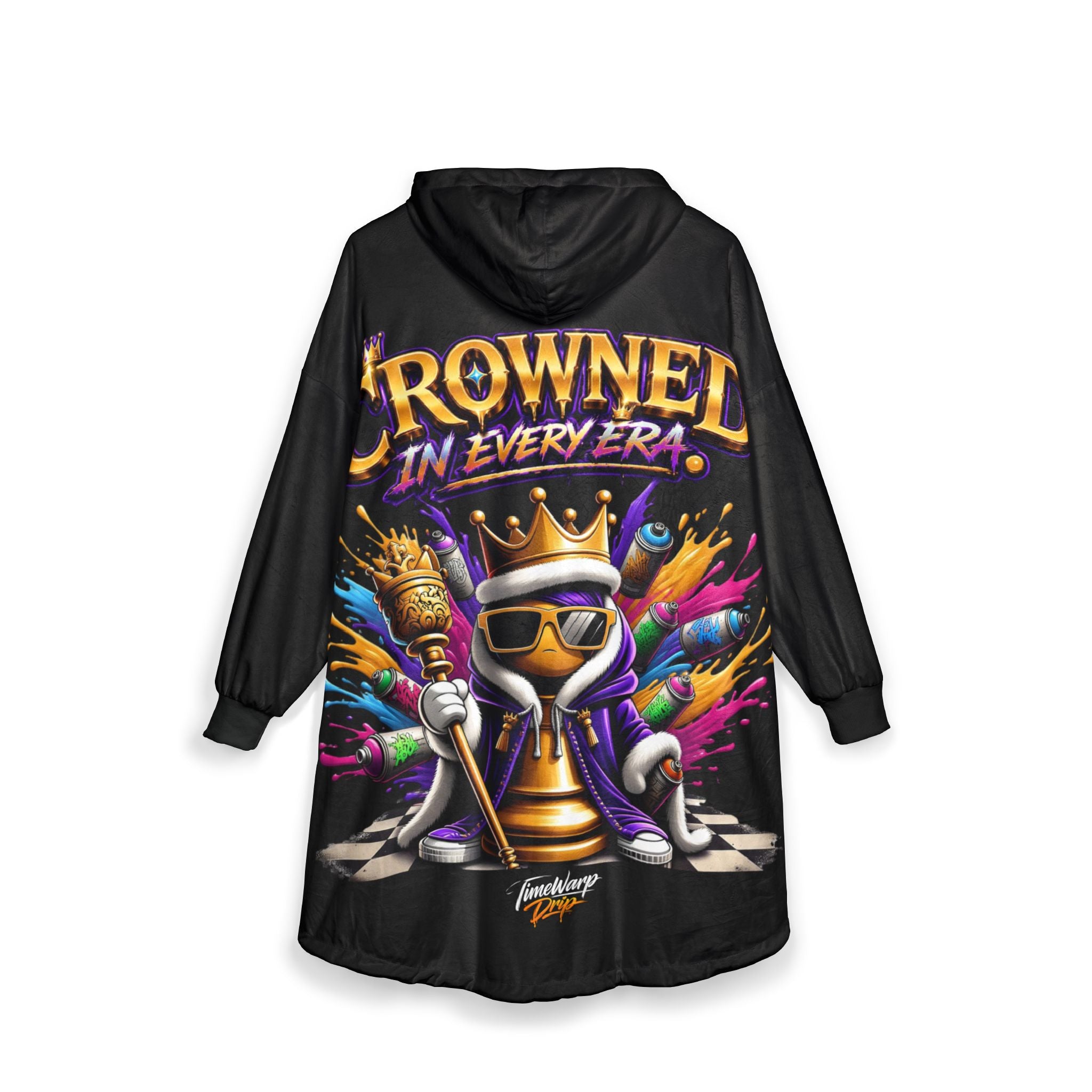 TimeWarp Drip Black Hooded Blanket—"Crowned in Every Era" Royal Chess drip, bold crowned piece, graffiti vibes, ultimate streetwear style. streetwear apparel