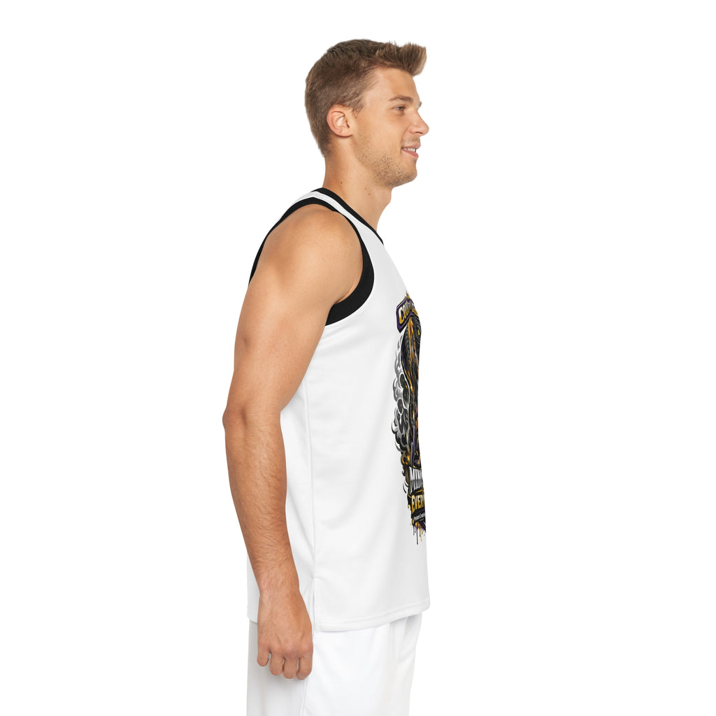 A young man smiles in profile, wearing the Court of Legends (White) Basketball Jersey—sleeveless, moisture-wicking polyester with a graphic pattern—and matching white shorts. His short light brown hair stands out against a plain white background.