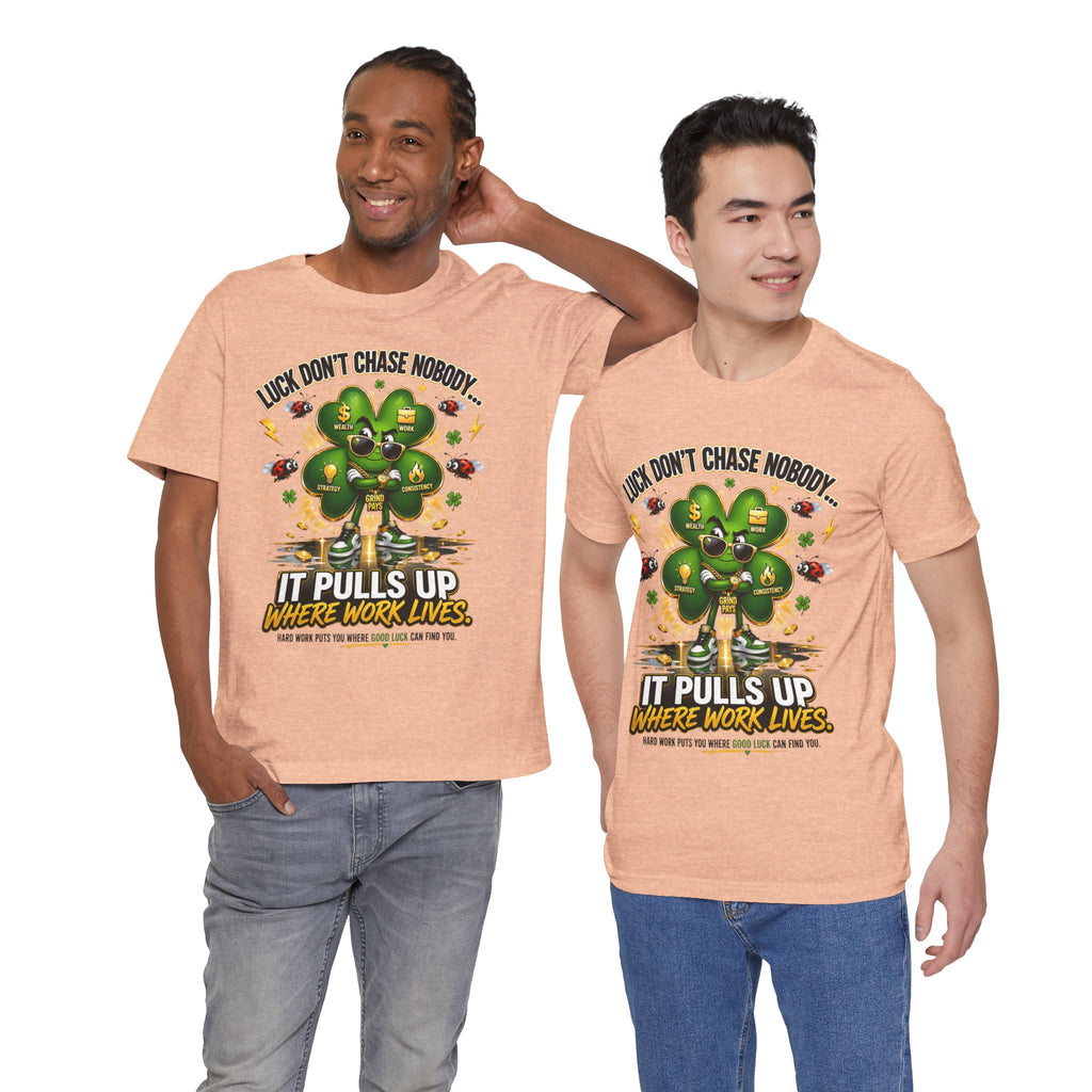 TimeWarp Drip Black Luck Don’t Chase Nobody tee—4-leaf clover, bold street vibes, soft Airlume cotton, TimeWarp Drip style. streetwear apparel