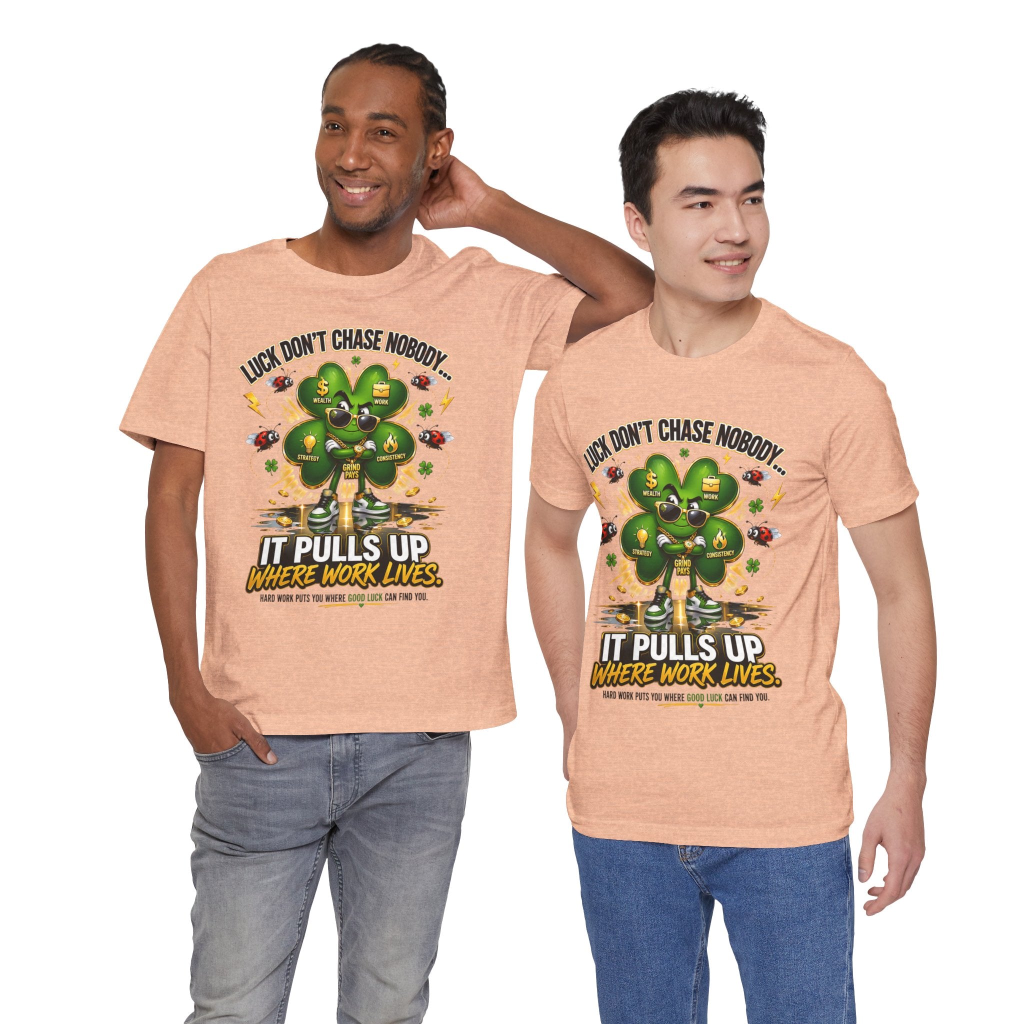 TimeWarp Drip Black Luck Don’t Chase Nobody tee—4-leaf clover, bold street vibes, soft Airlume cotton, TimeWarp Drip style. streetwear apparel