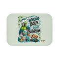 TimeWarp Drip Sage green bath mat drips style: “Wrong Body, Right Bathroom™” with a fly parrot, owl & dog in bold streetwear flair. 