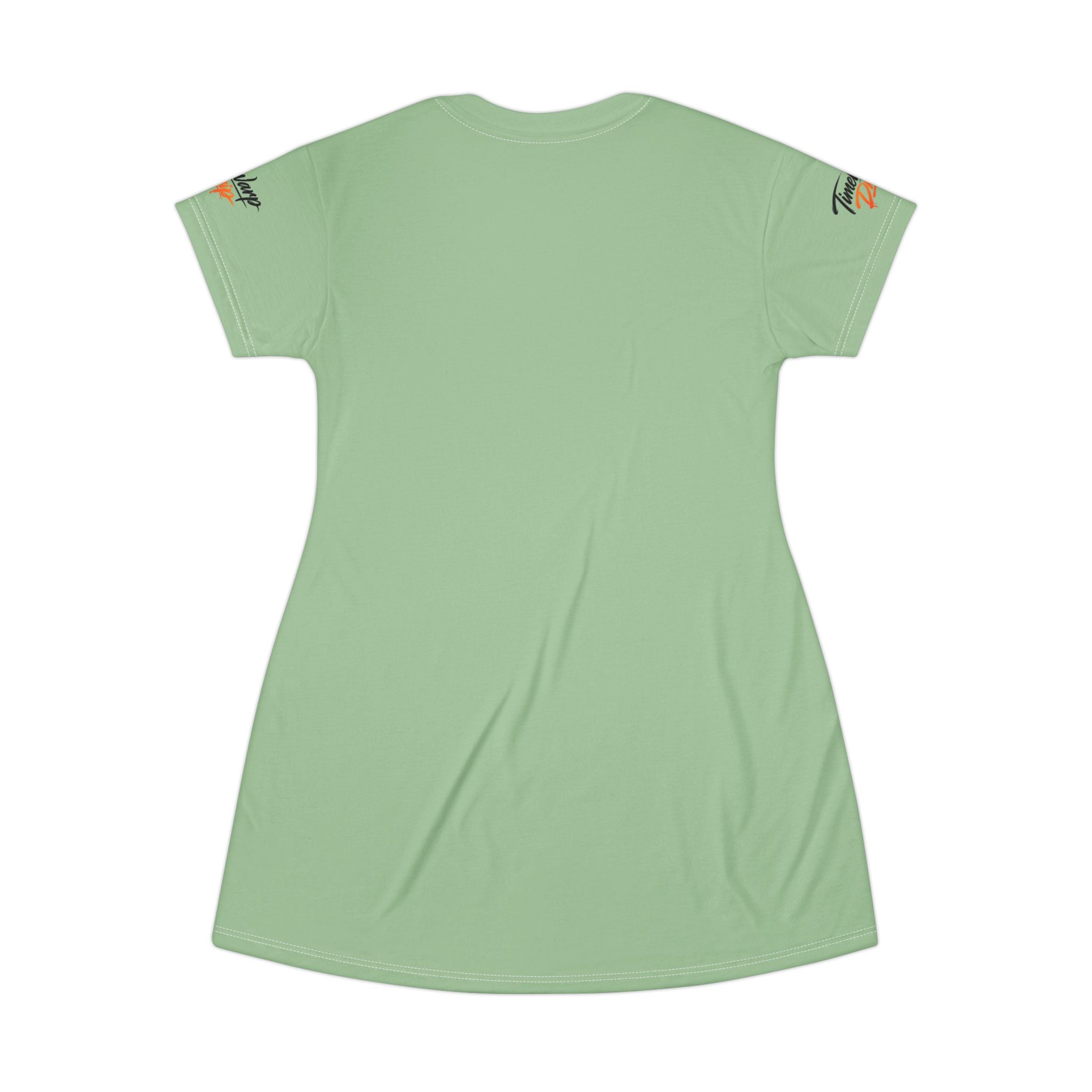 TimeWarp Drip Light green TimeWarp Drip T-shirt dress, back view—dripping sunflower vibe and sleeve logos bring bold streetwear heat. streetwear apparel