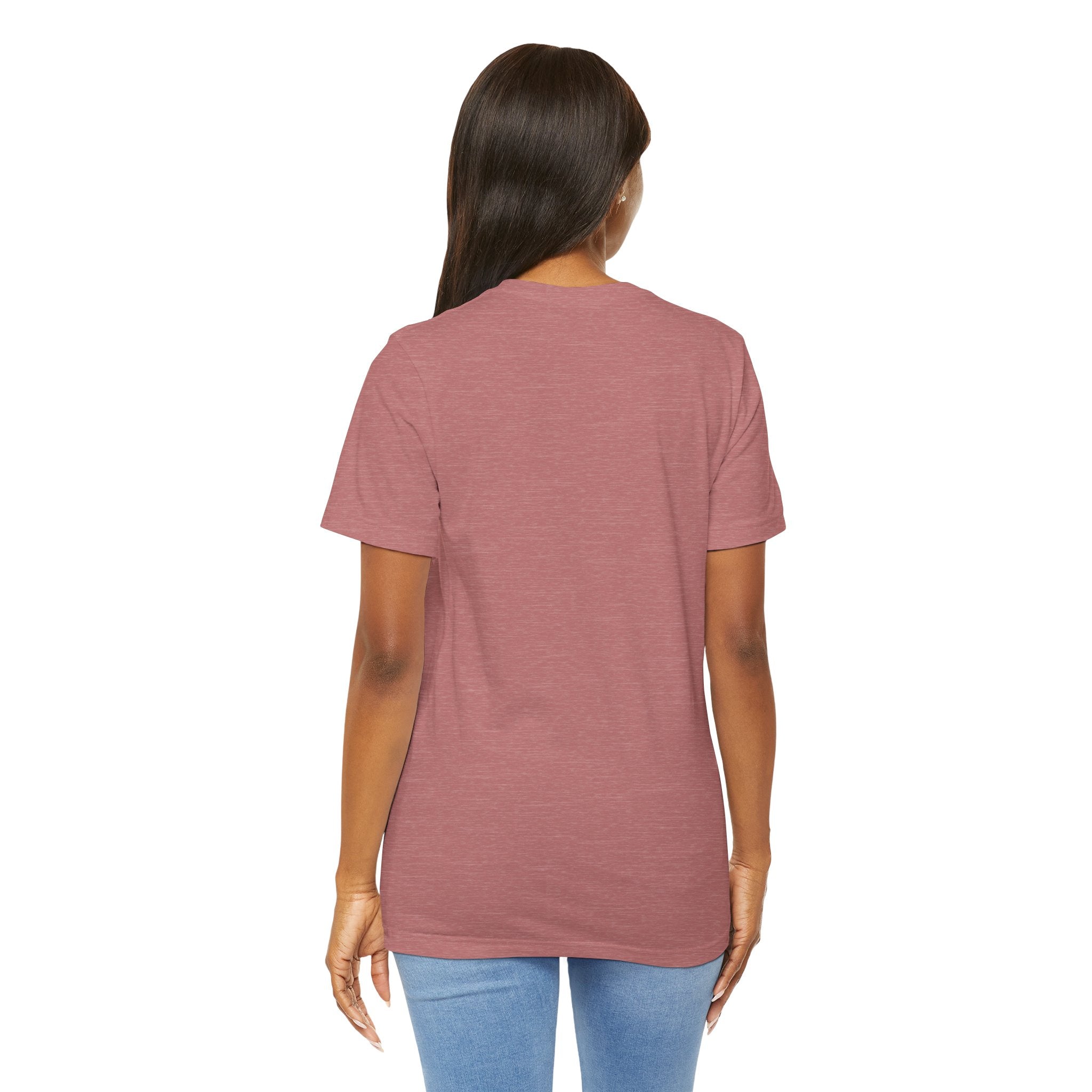 TimeWarp Drip Back view: Woman rocks a pink Luck Don’t Chase Nobody 4-Leaf Clover tee by Printify, light blue jeans, white backdrop. streetwear apparel