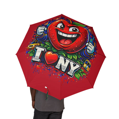 Red I Love NYC foldable semi-automatic umbrella with colorful cityscape design, compact rain umbrella from TimeWarp Drip accessories.