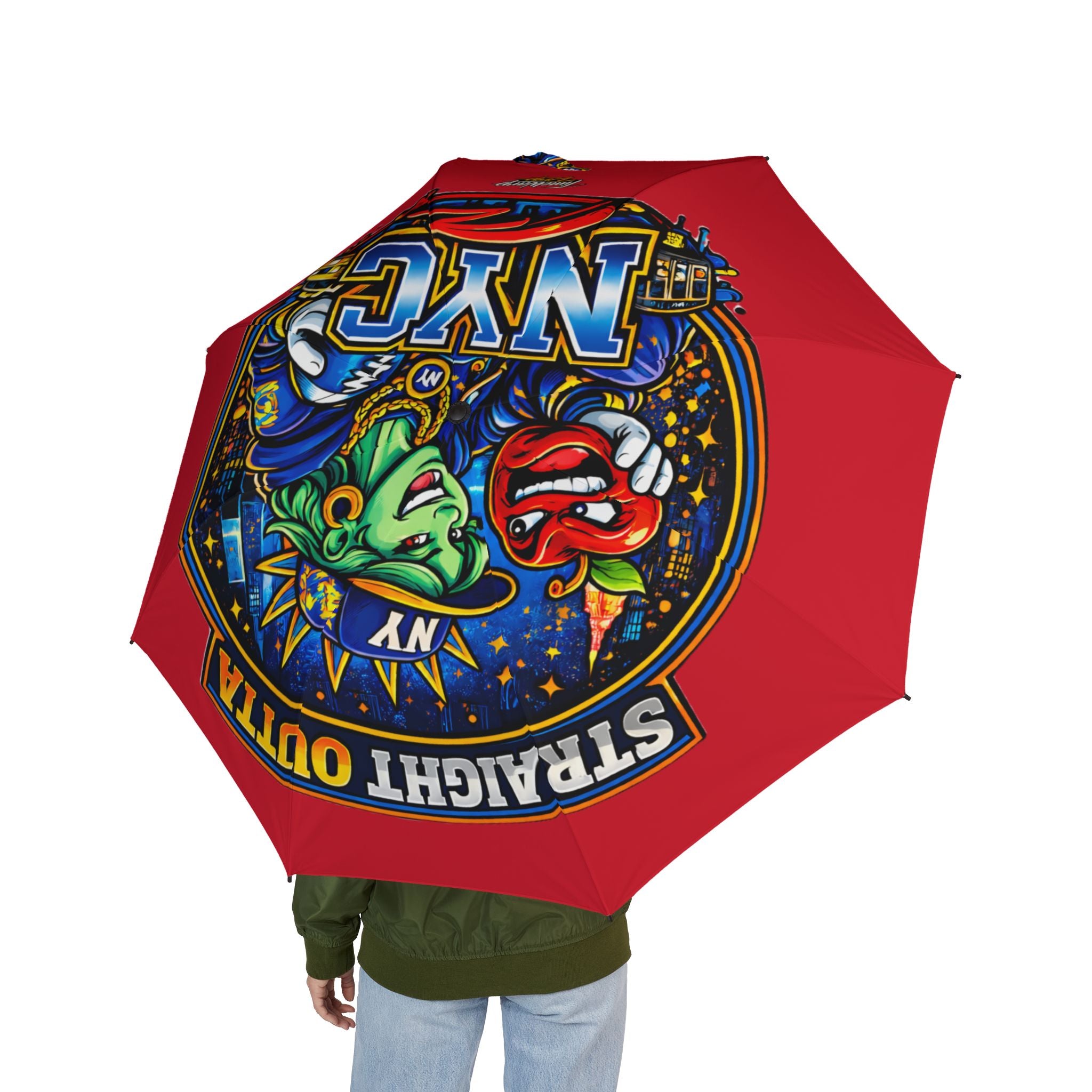 Red NYC Night Out foldable umbrella with colorful design, semi-automatic rain umbrella from TimeWarp Drip, compact and stylish accessories.