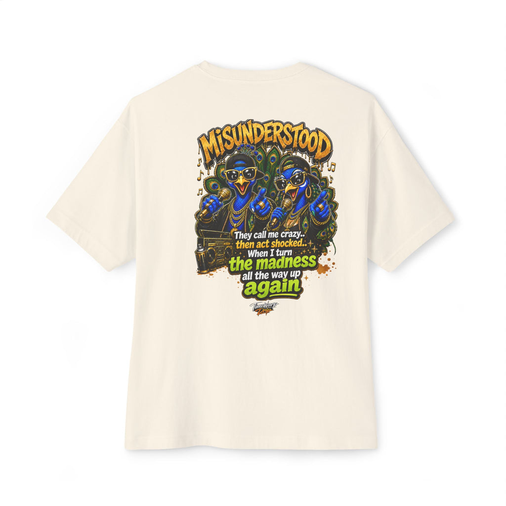 TimeWarp Drip – Oversized black tee with bold street art script and vibrant blue peacocks, exuding premium city-edge attitude. | premium streetwear