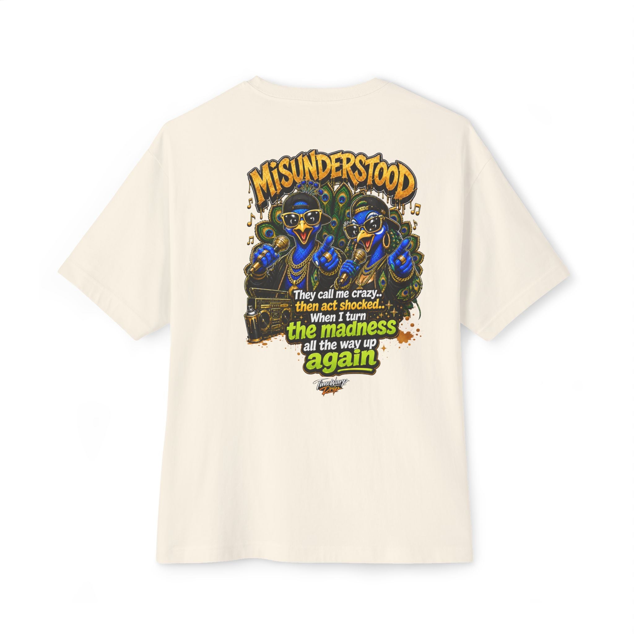 TimeWarp Drip – Oversized black tee with bold street art script and vibrant blue peacocks, exuding premium city-edge attitude. | premium streetwear