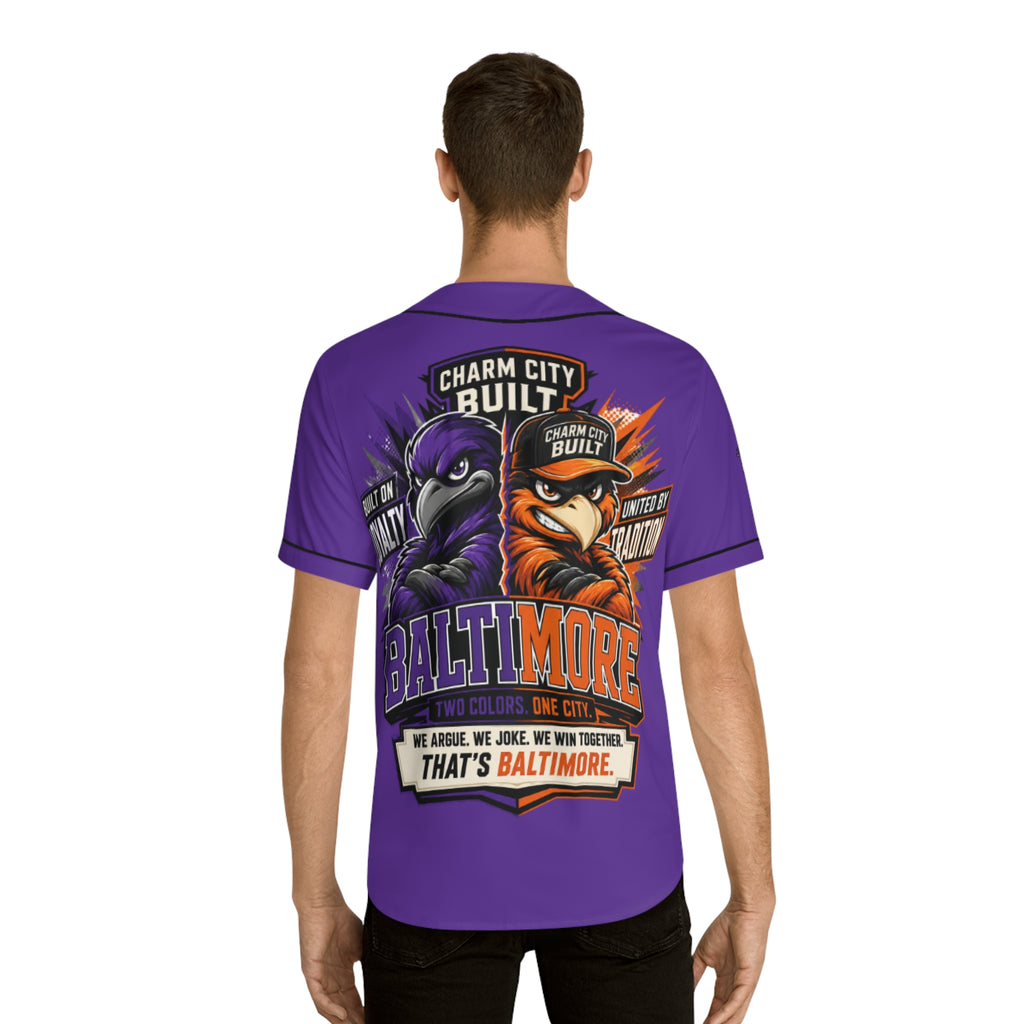 TimeWarp Drip – Purple baseball jersey with bold "Charm City Built" lettering, illustrated ravens on back; urban streetwear energy. | premium streetwear