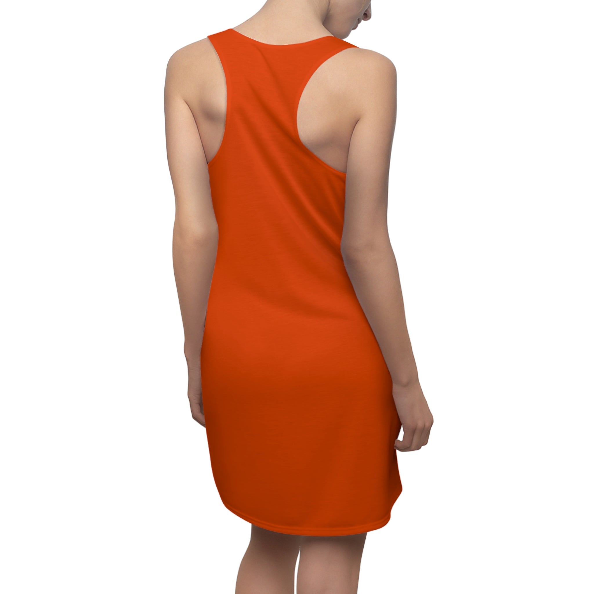A woman is seen from the back wearing the Orange Racerback Dress - Straight Outta Baltimore, "Charm City Attitude," a sleeveless, quick-dry polyester dress in bright orange, knee-length, set against a plain white background.