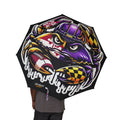 TimeWarp Drip foldable umbrella—streetwise Baltimore crab in a purple helmet. 48" canopy, vibrant drip style, semi-auto, one size. 