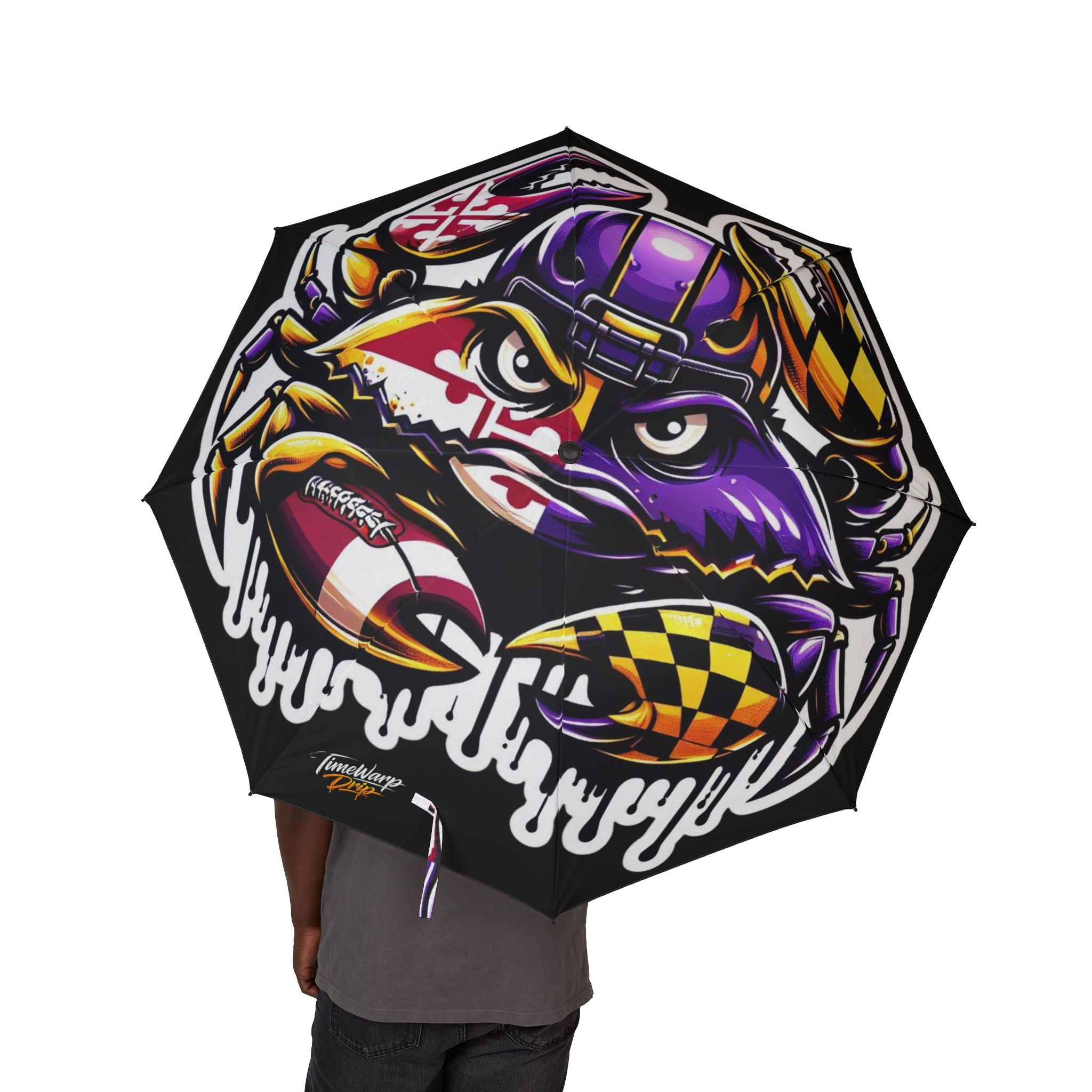 TimeWarp Drip foldable umbrella—streetwise Baltimore crab in a purple helmet. 48" canopy, vibrant drip style, semi-auto, one size. 