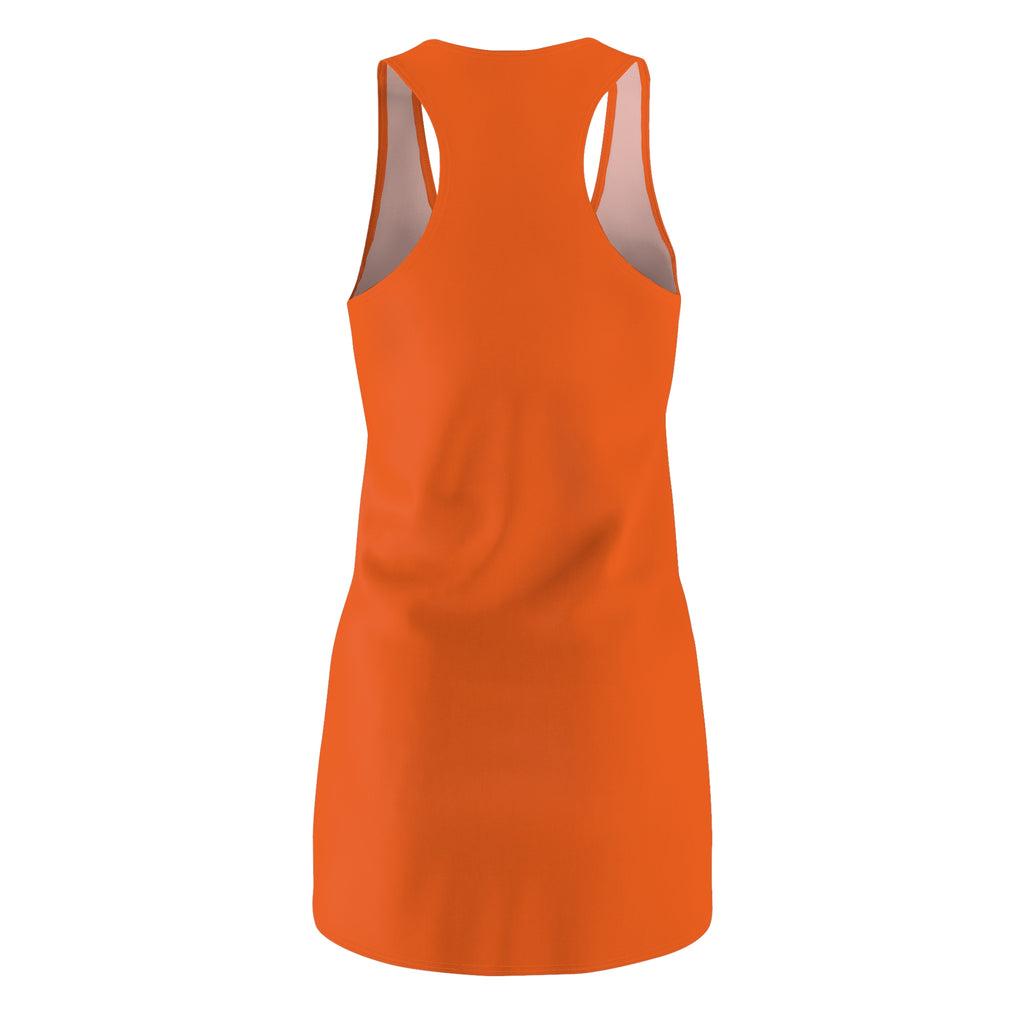Orange racerback dress with all-over print featuring "Big Apple Attitude" design by I LOVE NY, styled for casual wear.