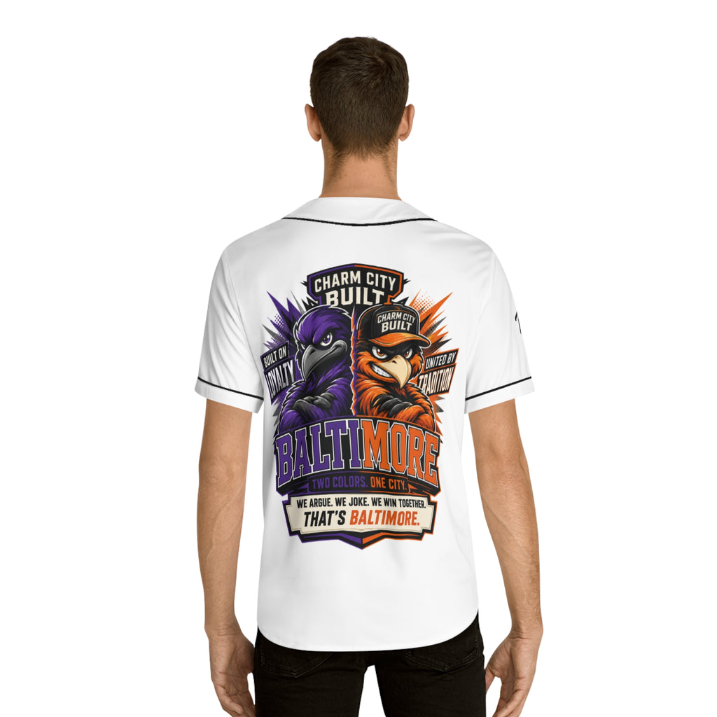 TimeWarp Drip – White graphic baseball jersey with bold Baltimore bird emblem and city pride design, exuding streetwise urban energy. | premium streetwear