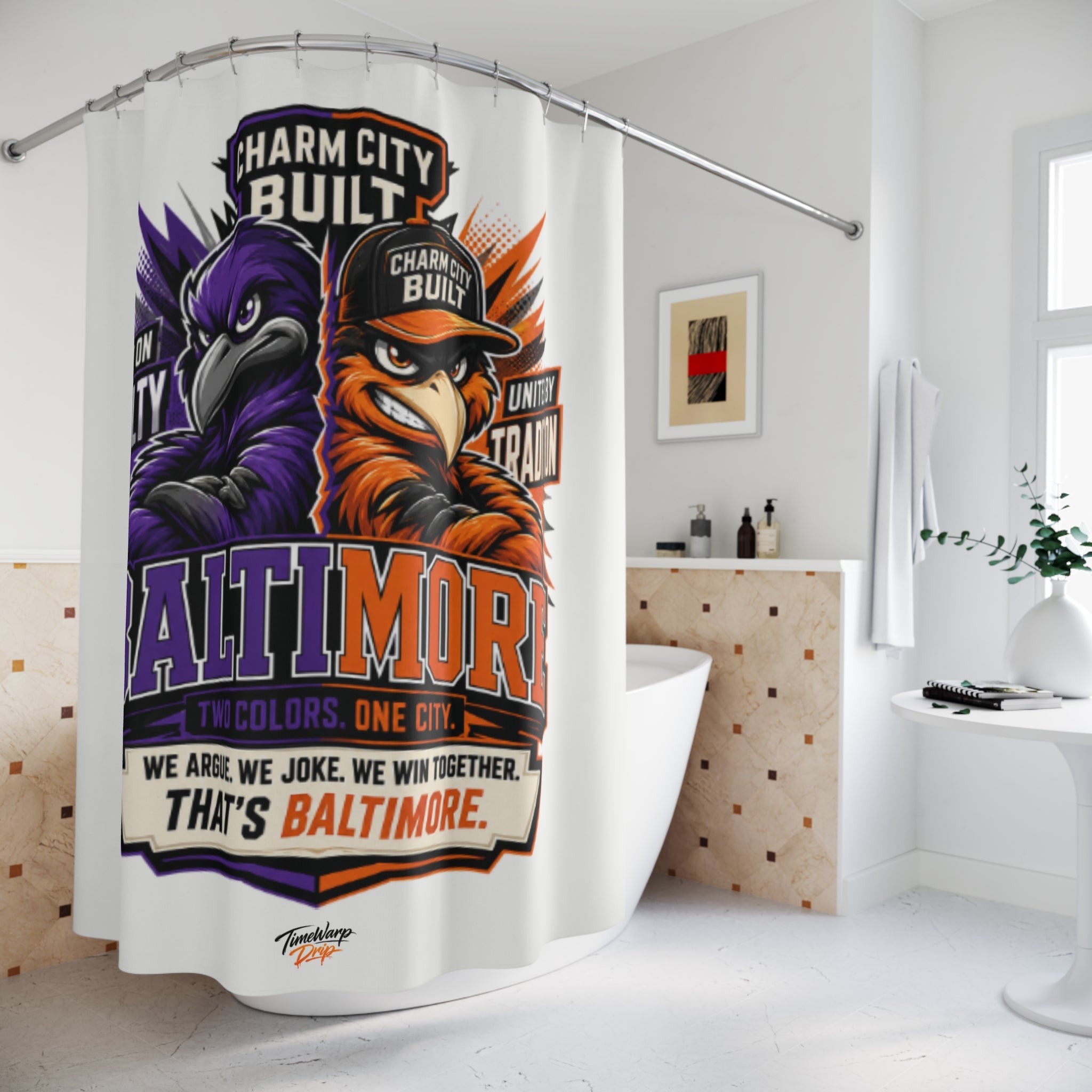 TimeWarp Drip Baltimore 'Charm City Built' shower curtain—bold two-tone birds flex urban drip, elevating your space with streetwise style.