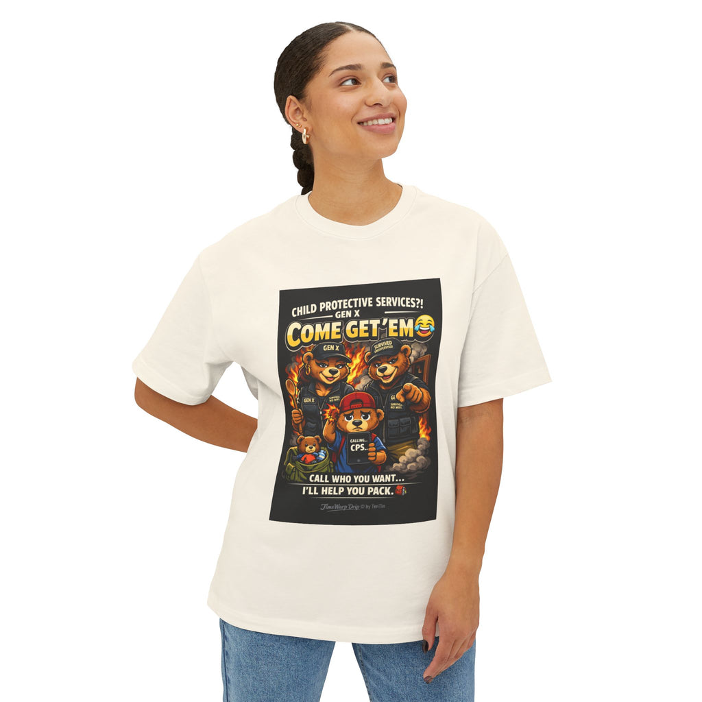 A smiling person with tied-back hair wears the TimeWarp Drip Generation X Parenting "Come Get Em" Tee—an oversized, breathable cotton boxy t-shirt featuring animal graphics and bold text: CHILD PROTECTIVE SERVICES?! COME GET EM. Gen X parenting vibes.