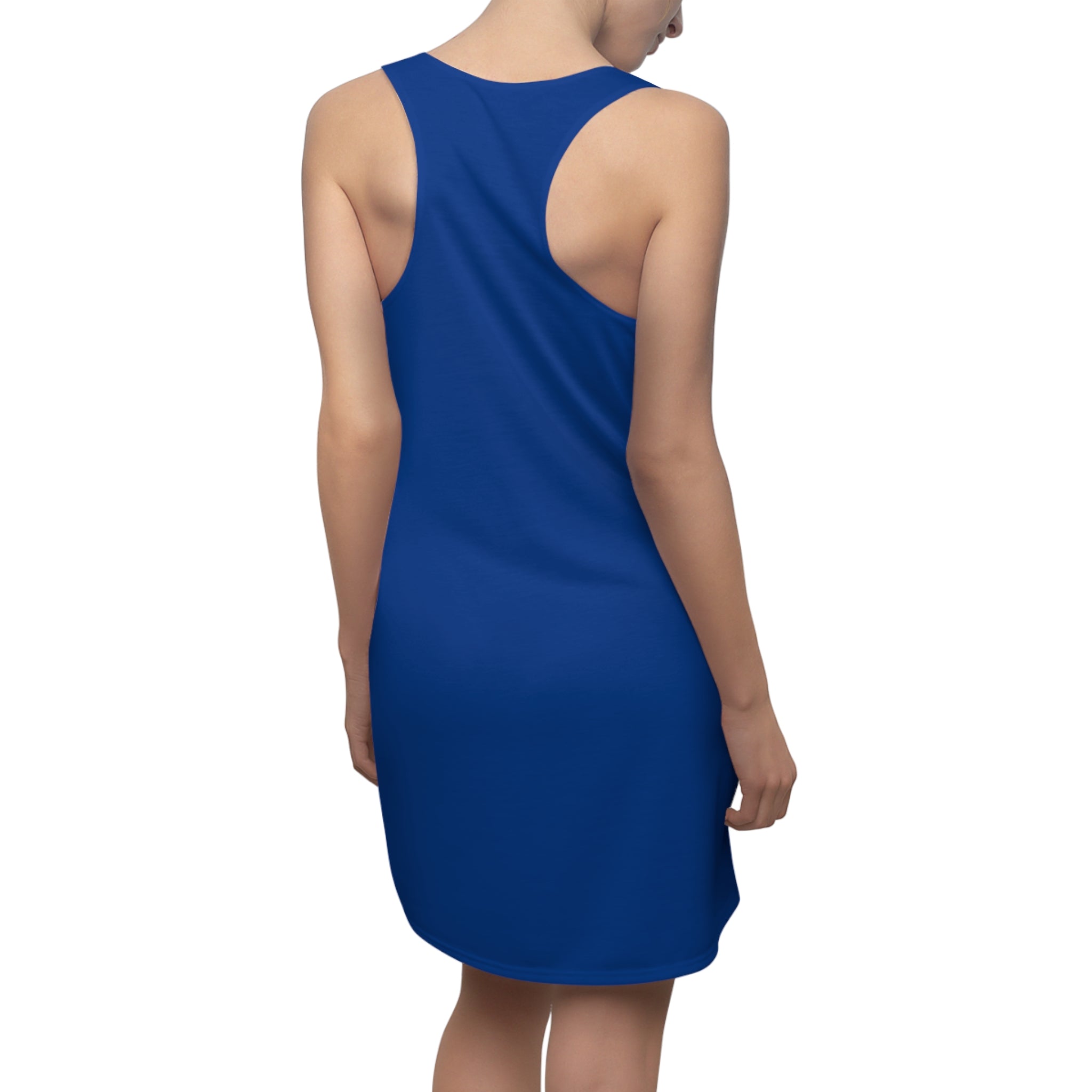 All-over print blue racerback dress with "Big Apple Attitude" design, featuring NYC-themed graphics on a stylish dress by TimeWarp Drip