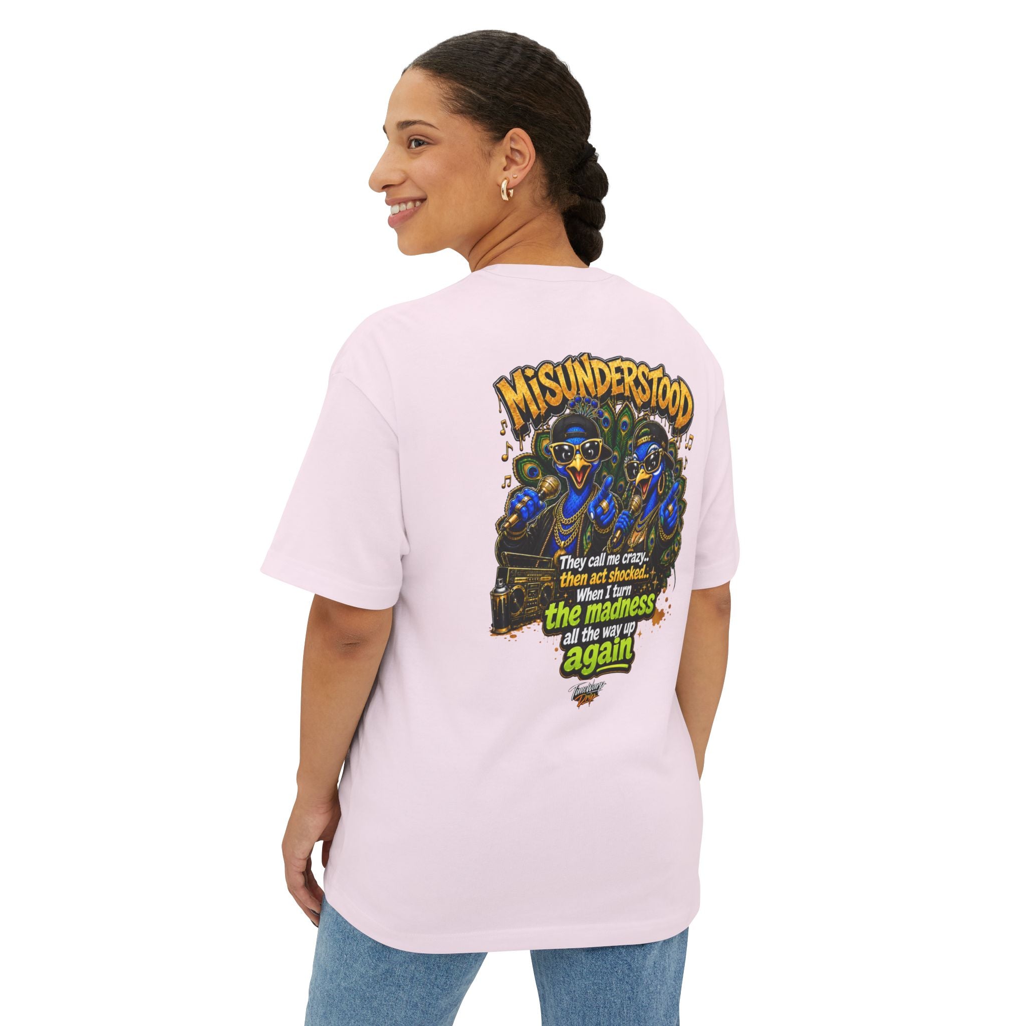 TimeWarp Drip – Oversized white boxy tee with bold Dual Peacock street art and "They Call Me Crazy" graphic, radiating urban city energy. | premium streetwear