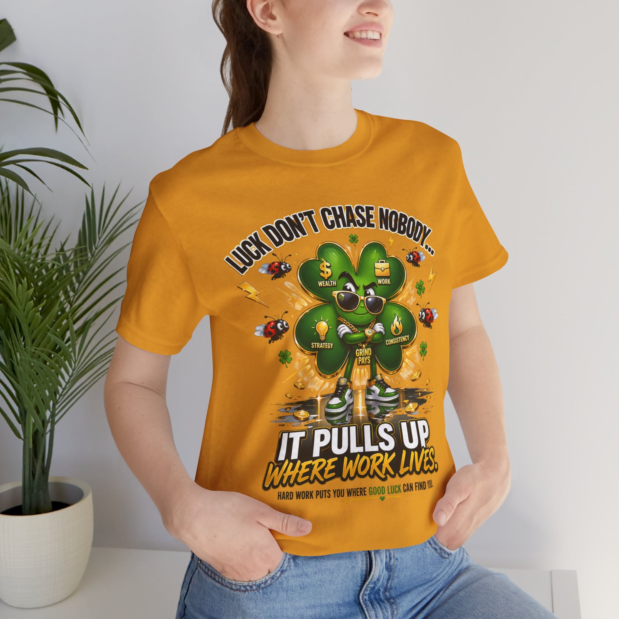 TimeWarp Drip Lucky Clover tee—sleek black streetwear, neon clover pop, “Pulls Up Lives” drip. Sizes S-XL. Luck never looked bolder!. streetwear apparel