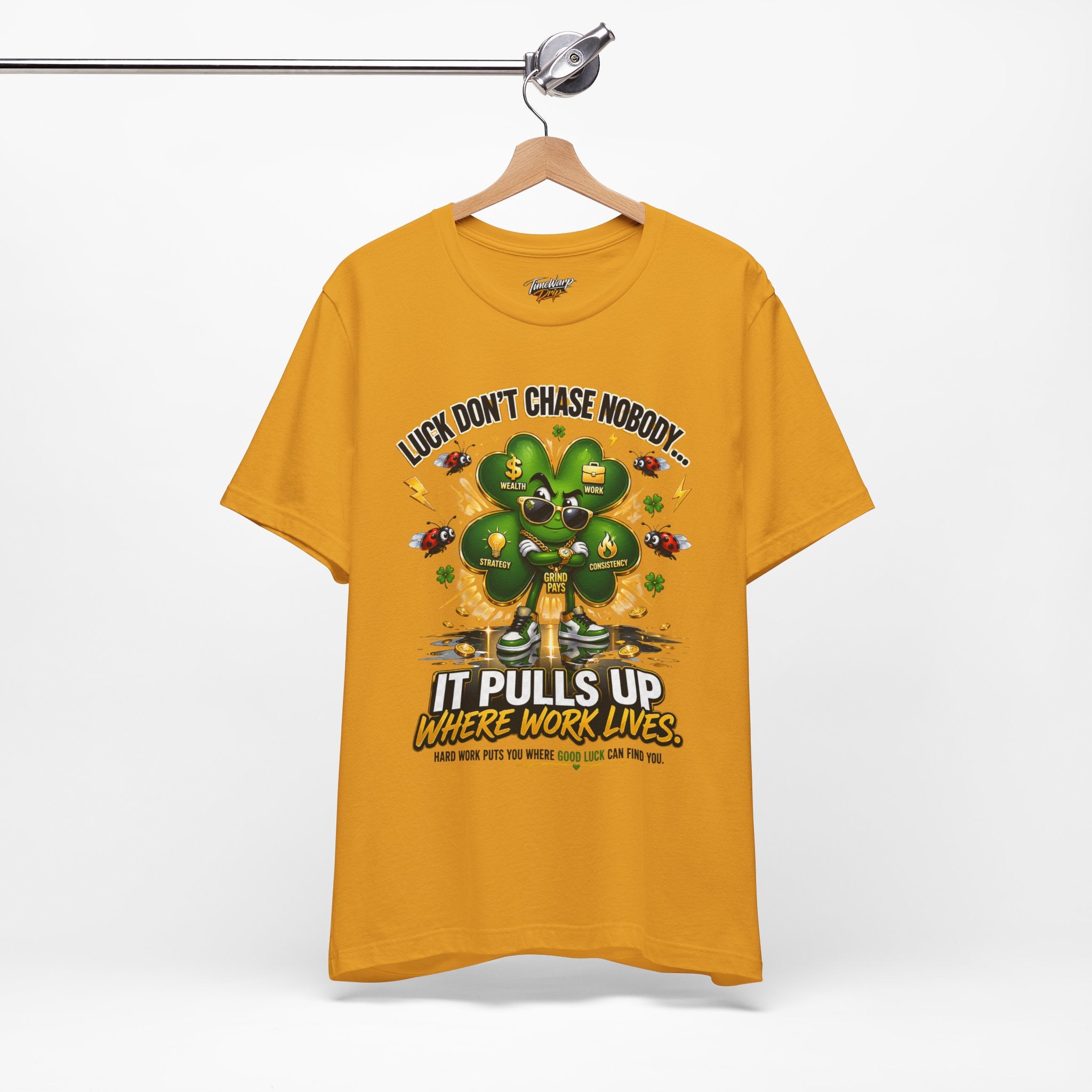 TimeWarp Drip Lucky Clover black streetwear tee serves up gold coins, bold clover drip, and unstoppable style. S–XL—check the size chart!. streetwear apparel