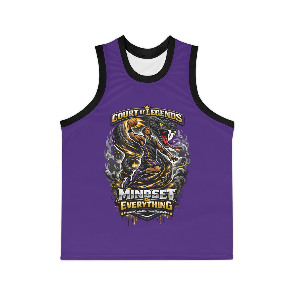 The TimeWarp Drip "Court of Legends" (Purple) Basketball Jersey is made from moisture-wicking polyester and features a player dunking, with "Court of Legends" above, "Mindset is Everything" below, and "Pursue Greatness. Fear Nothing." at the bottom.