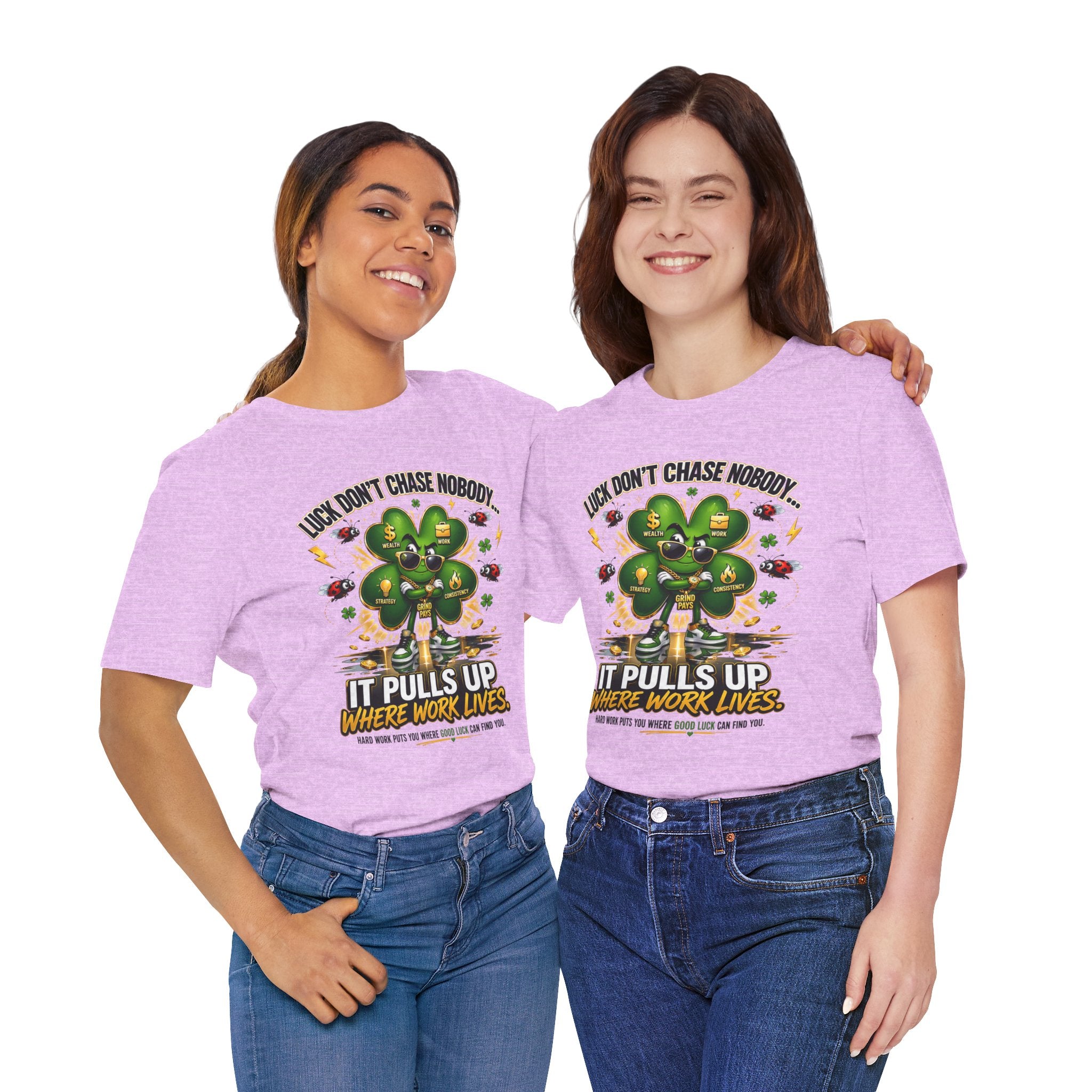 TimeWarp Drip Two women flex in bold green Lucky Clover graphic tees by TimeWarp Drip—street-chic drip, S-XL. Retro vibes, fresh style. streetwear apparel