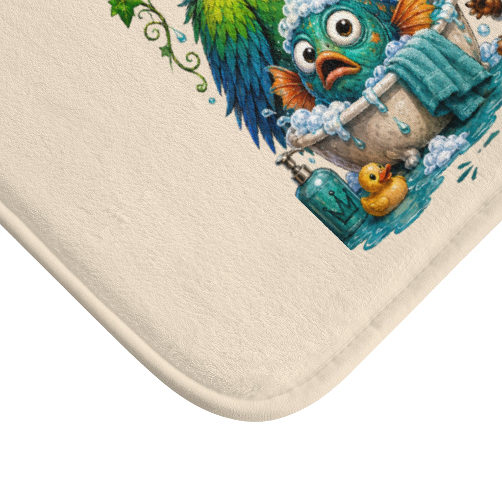 TimeWarp Drip Drip up your space! Vibrant "Wrong Body, Right Bathroom™" bath mat in bold streetwear colors with sick cartoon fish swagger. 